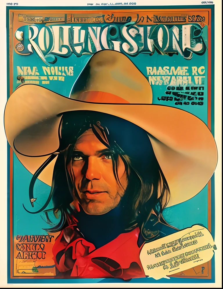 a close up of a magazine cover random chaos with a person wearing a hat, neil young, neil young design, rollingstone magazine, 1976 magazine cover, from 1977, 1970 photo from live magazine, cover story, 1 9 7 3 photo from life magazine, 1973 photo from life magazine, magazine cover art