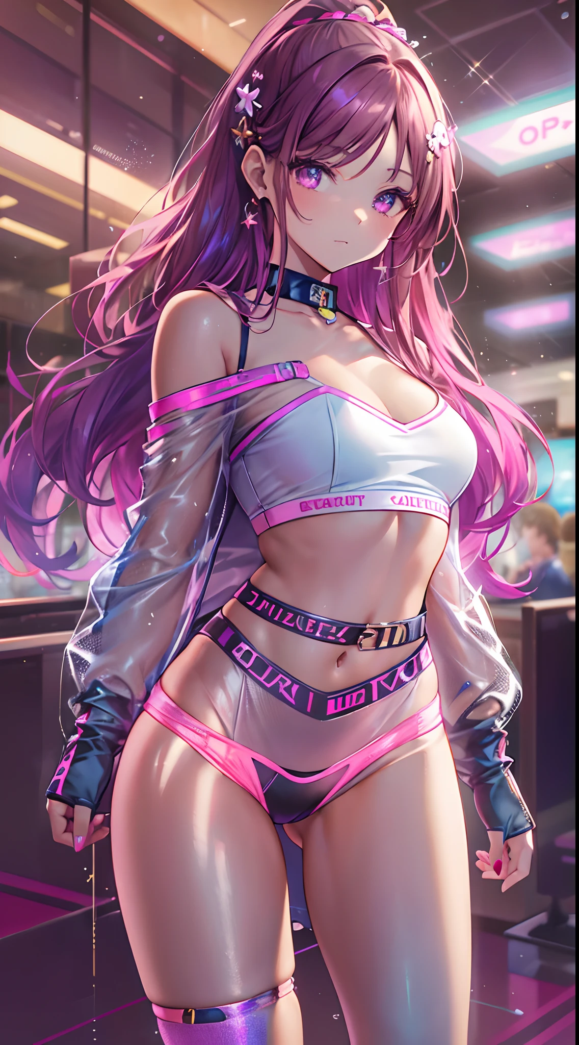 ((Masterpiece)), best quality, absurderes, ultra detailed, holographic, cowboy shot, golden ratio, super cute girl, mature girl, idol girl, super beautiful asian girl with very beautiful violet glowing eyes, beautiful glowing brown multicolored hair, high ponytail, nice and sexy body, slim body, perfect body, an anime printed super tight off shoulder long sleeve crop top, a super aesthetic transparent mini jacket, beautiful hair ornament, pink jordan tennis, being photographed in a mall shop,( undressing, showing neon pink panties, showing thong: 1.5)