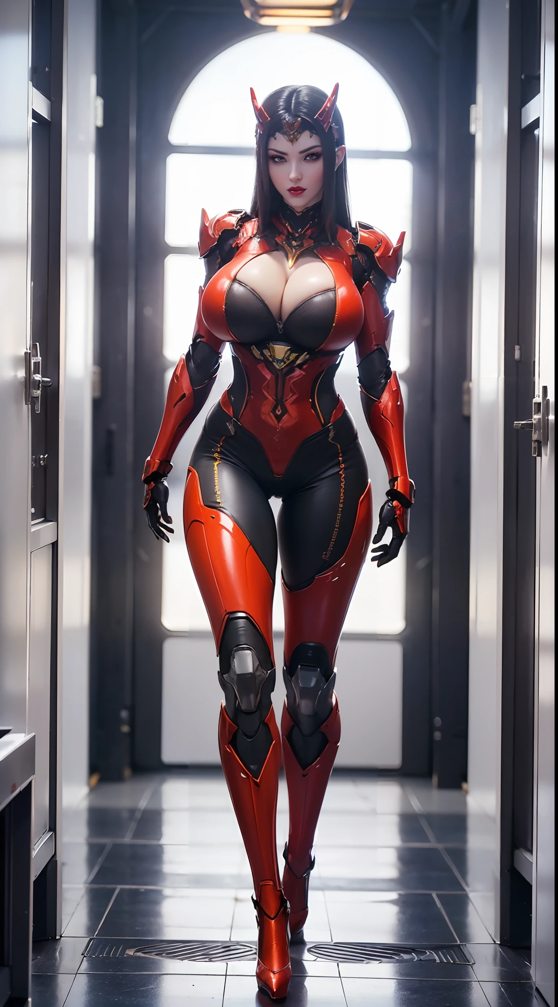 (1GIRL, SOLO:2), (super detailed face), (neon peonix head:1), (BIG BUTTOCKS, HUGE FAKE BREASTS:1.5), (CLEAVAGE TOP:1.5), (MUSCLE ABS:1.3), (MECHA GUARD ARMS:1.4), ((RED, NEON PURPLE MECHA OVERWATCH ARMORED GEAR, BLACK MECHA SKINTIGHT SUIT PANTS, MECHA GUARD ARMOR LEGS, HIGH HEELS:1.5)), (THICC MUSCULAR FEMALE BODY:1.3), (GLOWING SKIN:0.8), (SEXY LONG LEGS, FULL BODY:1.3), (LOOKING AT VIEWER:1.3), (female focus:0.886), (WALKING DOWN HALLWAY OF FUTURISTIC SPACE STATION:1), (BRIGHT LIGHT WHITEROOM:1.3), SUPER TEXTURE, UNREAL ENGINE RENDER, PHYSICALLY-BASED RENDERING, ULTRA HIGHT DEFINITION, 16K, 1080P.