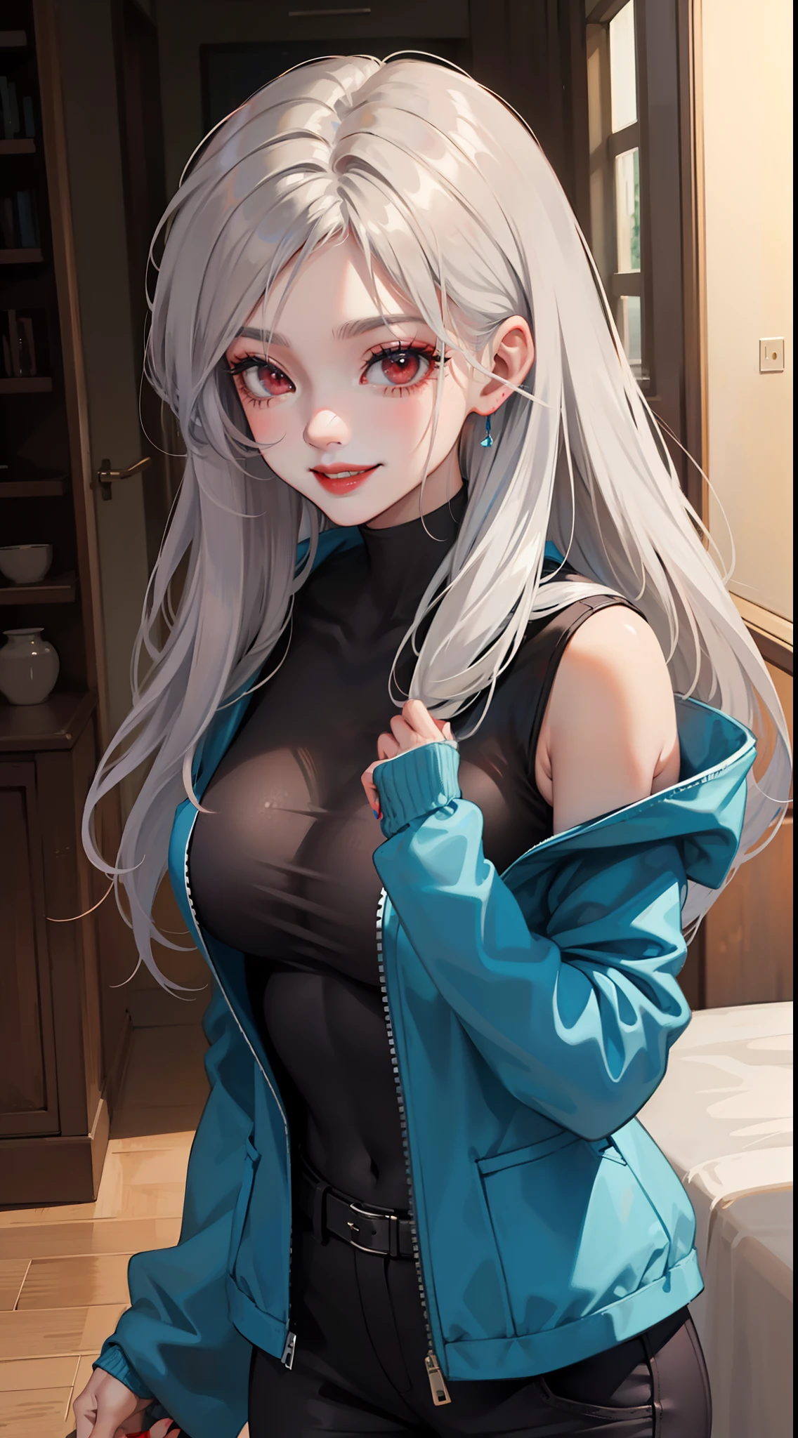 Adult woman, long gray hair, red eyes, red eyeshadow, blue lipstick, blue jacket, white pants , large breasts, Smile, Masterpiece, hiquality, 4k, HD, Good detail