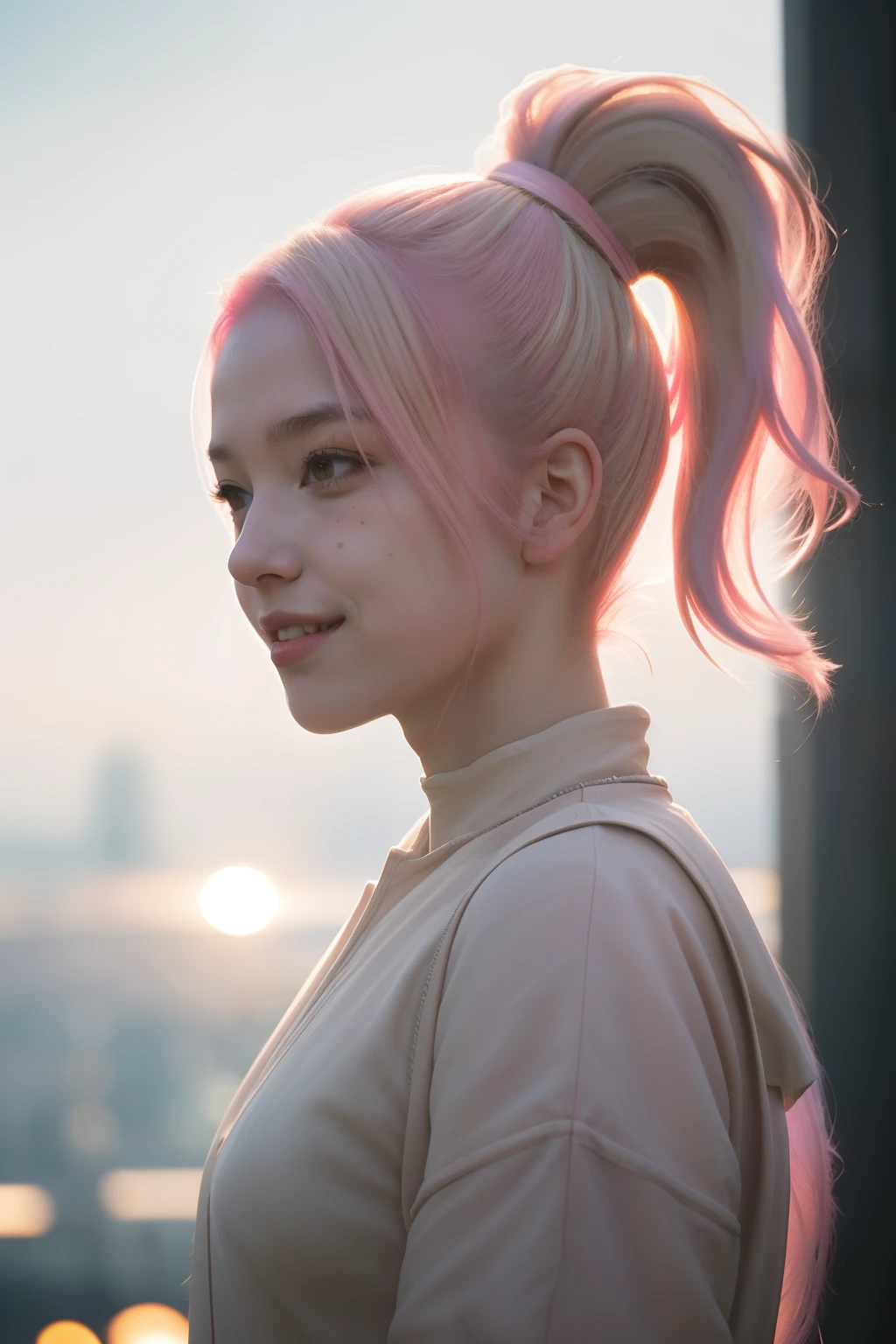 Portrait photo of a young girl, (laughing:0.7), pink ponytails hair, complex city background, backlit, (cinematic:1.5), epic realistic, hyperdetailed, insane details, intricate details, accent lighting, soft volumetric light, bokeh, (dramatic light:1.2), (neutral colors:1.3), cross process