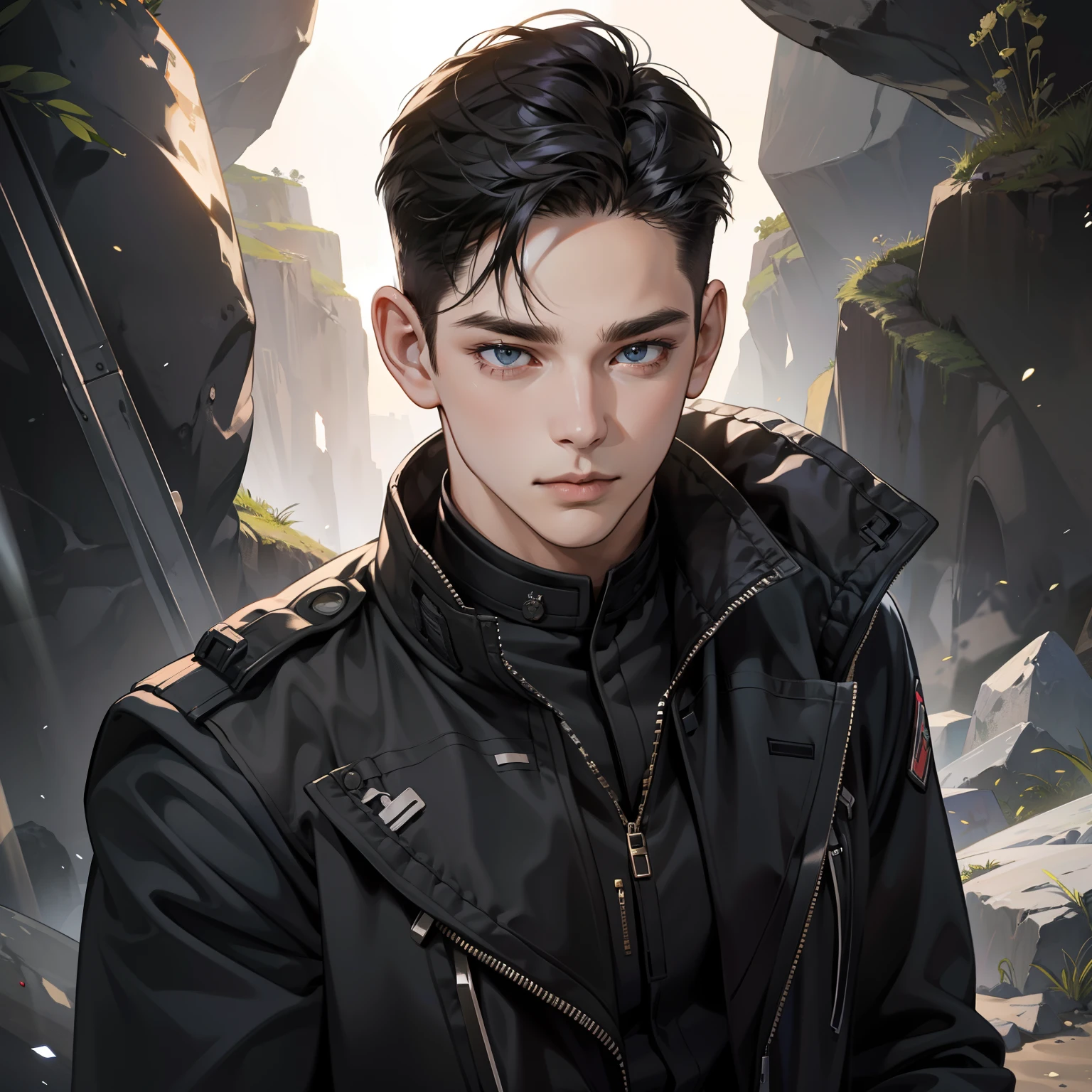 Masterpiece, high quality, best quality, HD, realistic, perfect lighting, face only, 1 man, undercut hair, face expression, black military suit, in the cave.