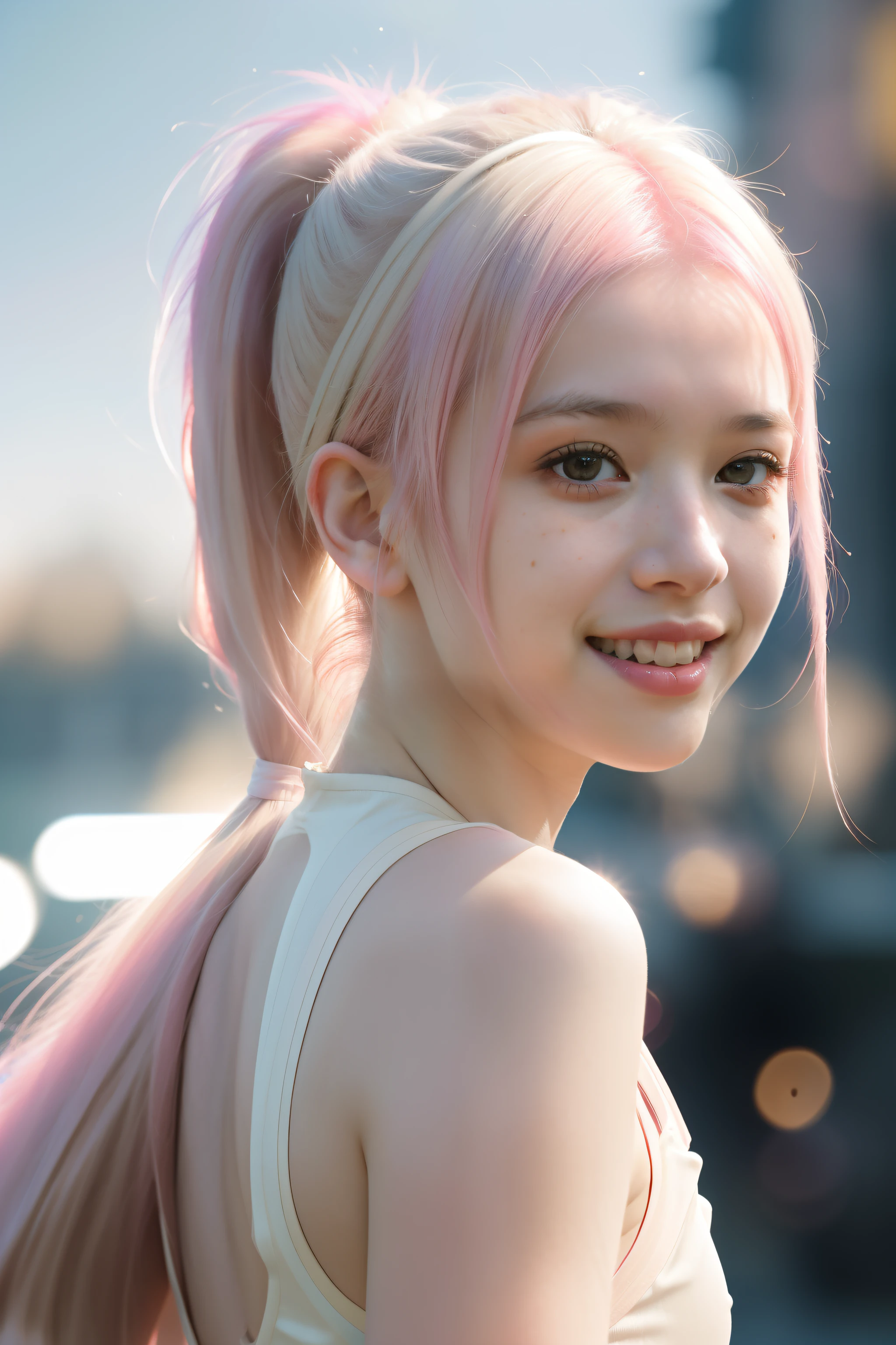 Portrait photo of a young girl, (laughing:0.7), pink ponytails hair, complex city background, backlit, (cinematic:1.5), epic realistic, hyperdetailed, insane details, intricate details, accent lighting, soft volumetric light, bokeh, (dramatic light:1.2), (neutral colors:1.3), cross process