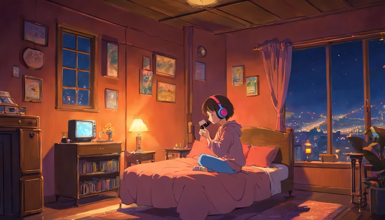 Girl listening to music in a cozy room at night, Usando fones de ouvido, Anime estilo 2D, Lo-fi, disco Rigido, Ambiente escuro