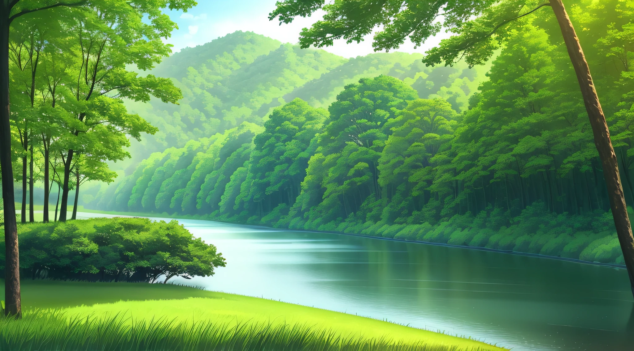 trees are growing on the bank of a river in a forest, forest and river, forest with lake, beautiful forest scenery, mountains river trees, lake in the forest, green forest, green grasse trees and river, forest landscape, peaceful lushious forest, forest clearing landscape, lush forest landscape, beautiful forest, majestic nature scenery, nature scenery