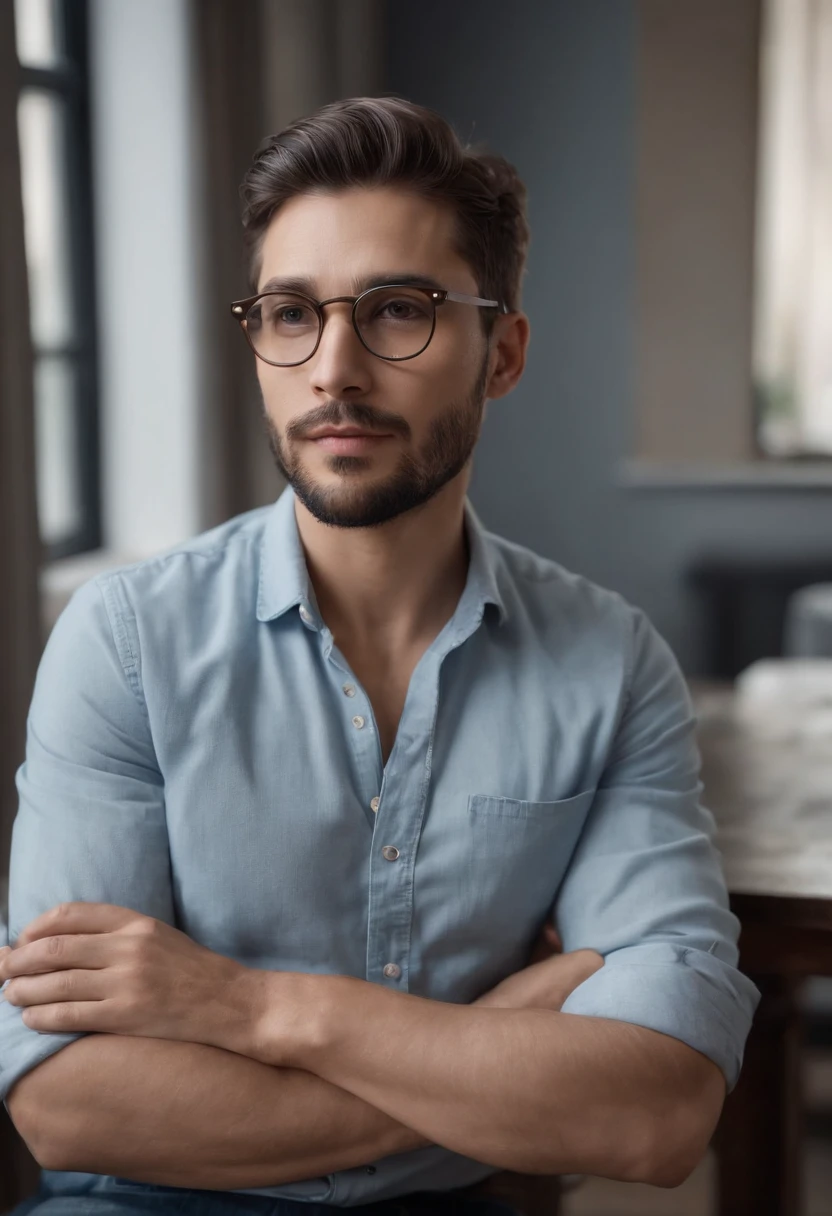 (A physically good man, calvo,(Gafas de sol:1.1+barba:1.1), con jeans y camisa negra, chaqueta oscura, sitting reading in front of a classic oak desk with decorative details, mike, anbiente iluminado Jesus Christ, portrait, photo, realistic, luxury, gold ray , lens 85, kindness guy