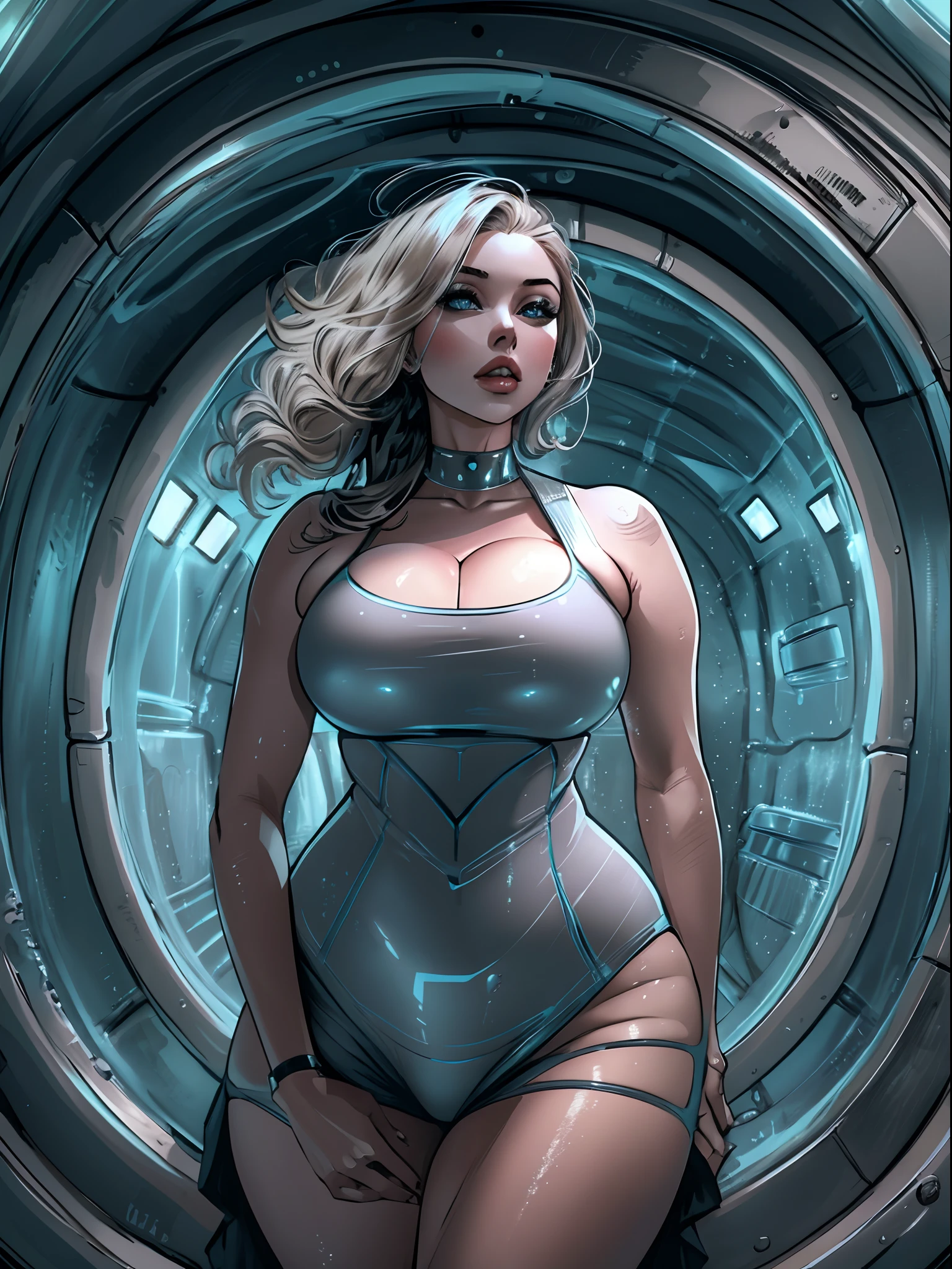 beautiful curvy woman captured by aliens and put on display in cryotank, (cryotank:1.4)