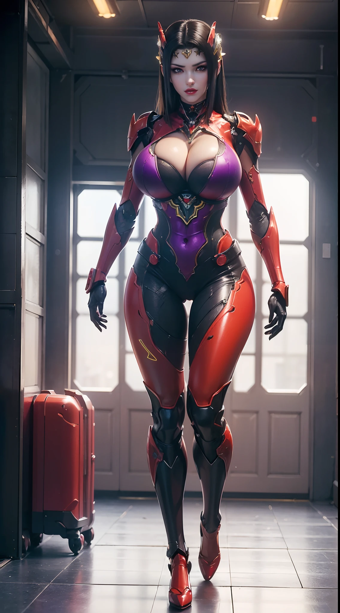 (1GIRL, SOLO:2), (super detailed face), (neon peonix head:1), (BIG BUTTOCKS, HUGE FAKE BREASTS:1.5), (CLEAVAGE TOP:1.5), (MUSCLE ABS:1.3), (MECHA GUARD ARMS:1.4), ((RED, NEON PURPLE MECHA OVERWATCH ARMORED GEAR, BLACK MECHA SKINTIGHT SUIT PANTS, MECHA GUARD ARMOR LEGS, HIGH HEELS:1.5)), (THICC MUSCULAR FEMALE BODY:1.3), (GLOWING SKIN:0.8), (SEXY LONG LEGS, FULL BODY:1.3), (LOOKING AT VIEWER:1.3), (female focus:0.886), (WALKING DOWN HALLWAY OF FUTURISTIC SPACE STATION:1), (BRIGHT LIGHT WHITEROOM:1.3), SUPER TEXTURE, UNREAL ENGINE RENDER, PHYSICALLY-BASED RENDERING, ULTRA HIGHT DEFINITION, 16K, 1080P.