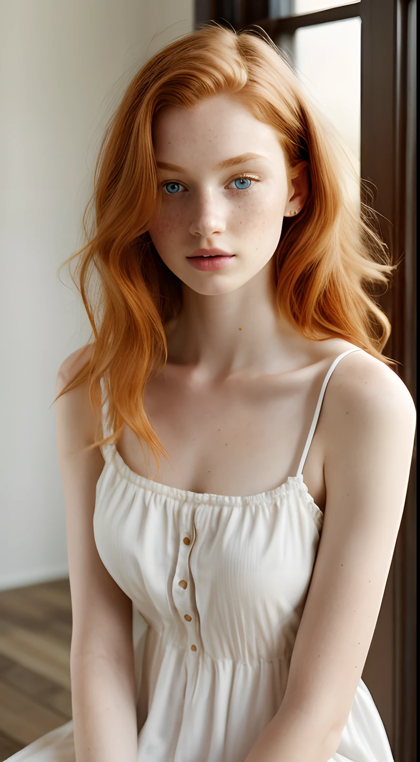 1girl in, age19, Solo, Aesthetic artwork, irish redhead, wavy ginger hair, shoulder length ginger hair, gray eyes, light grey eyes, some small freckles, pale skin, A-cup, small breasts, runners body, (textured skin, skin pores:1.1), (moles:0.8), imperfect skin, goosebumps, sitting down having coffee, drinking coffee, (extremely detailed 8k wallpaper), soft lighting, high quality, film grain, Fujifilm XT3 sharp focus, f 5.6, 50mm, High Detail, Sharp focus,(natural light), in a white colored dress. A white sundress, floral pattern sundress, crazy details, complex details, hyperdetailed