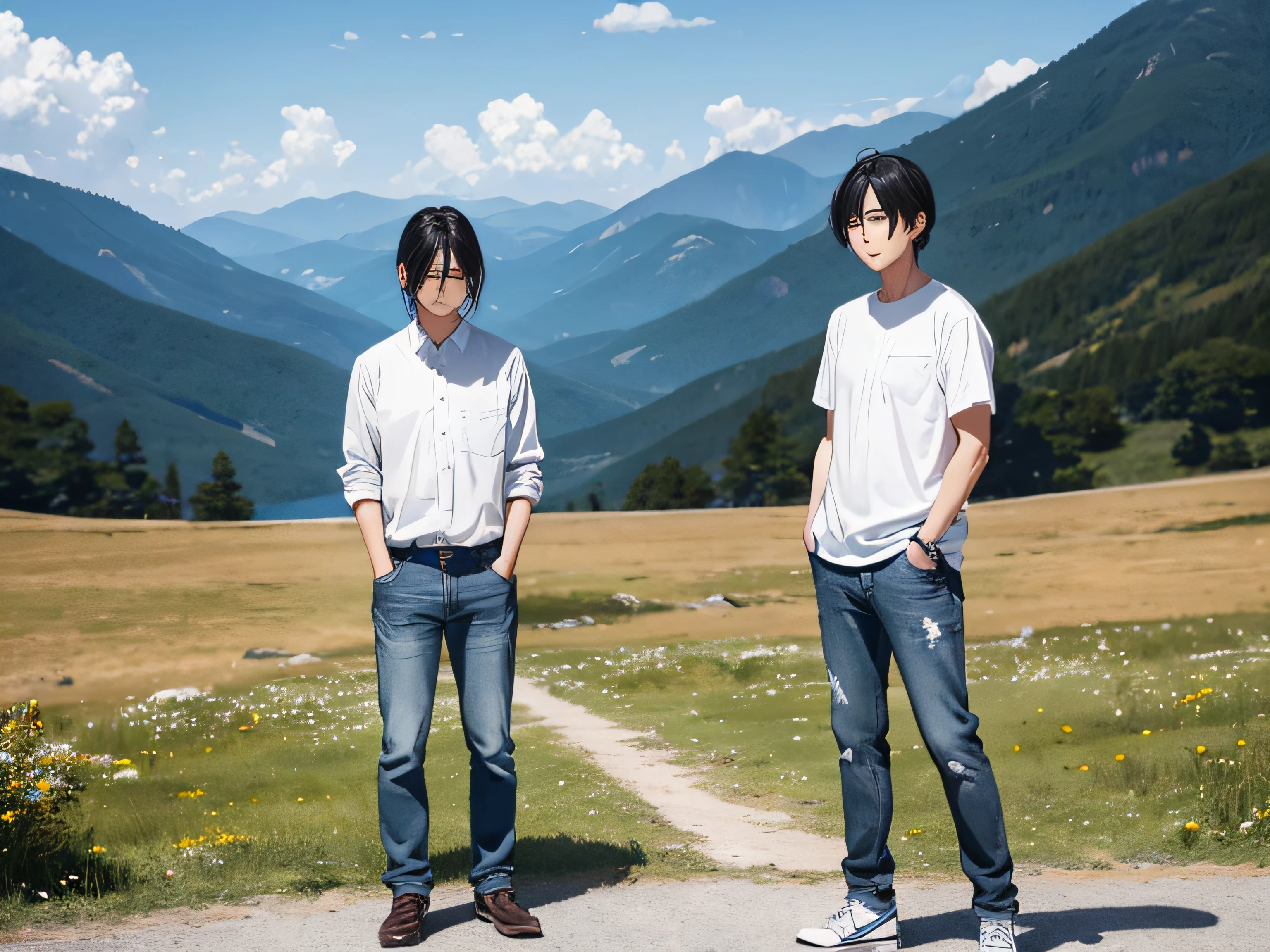 25～A pair of men wearing white shirts and jeans about 30 years old、Standing in the mountains、badness