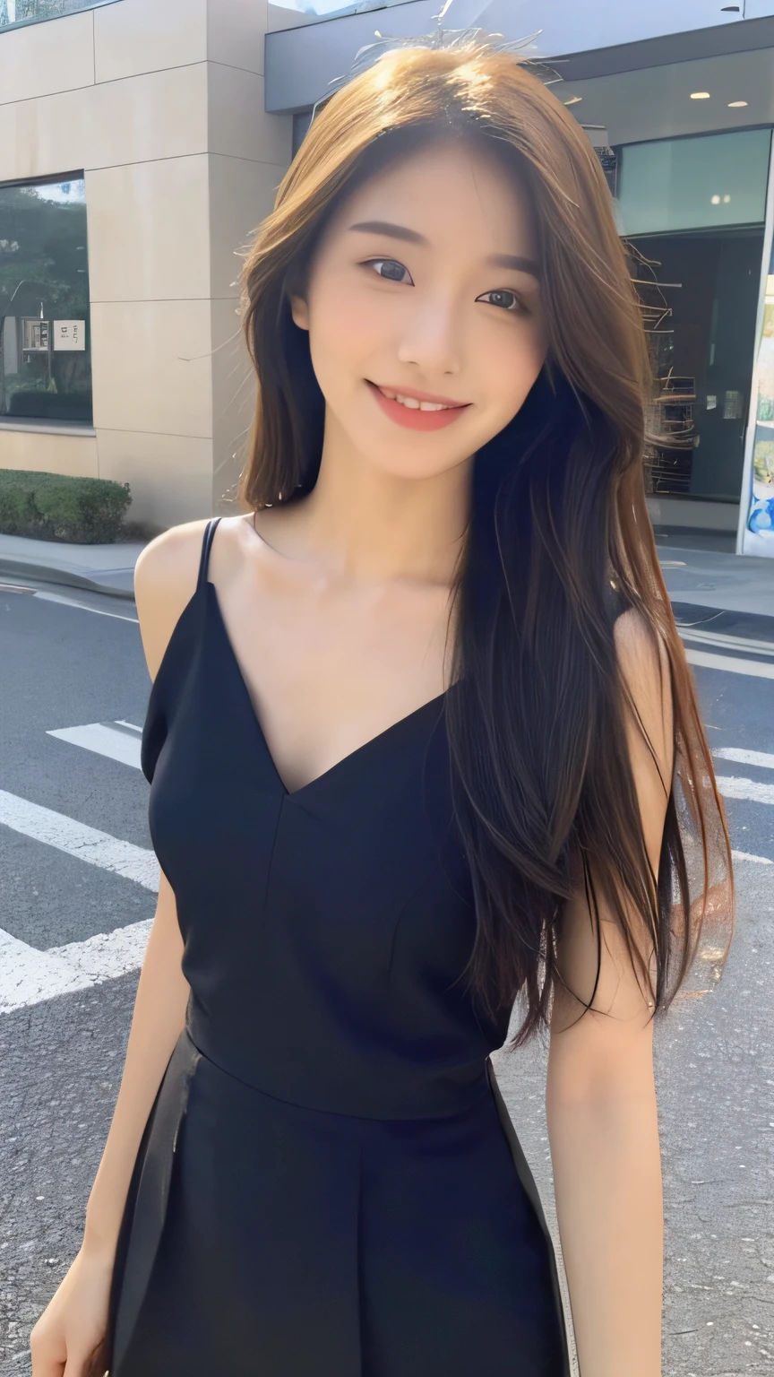((Best quality, 8k, Masterpiece :1.3)), 1girl, smiling, full body, slim face, Pretty woman, (Dark brown hair), full length dress :1.1, Ultra-detailed face, Detailed eyes, Double eyelid, blur background, slim face, city, outside, street,