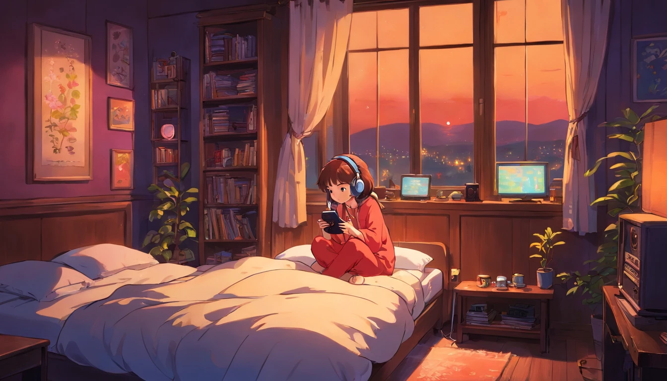 Girl listening to music in a cozy room at night, Usando fones de ouvido, Anime estilo 2D, Lo-fi, disco Rigido, Ambiente escuro