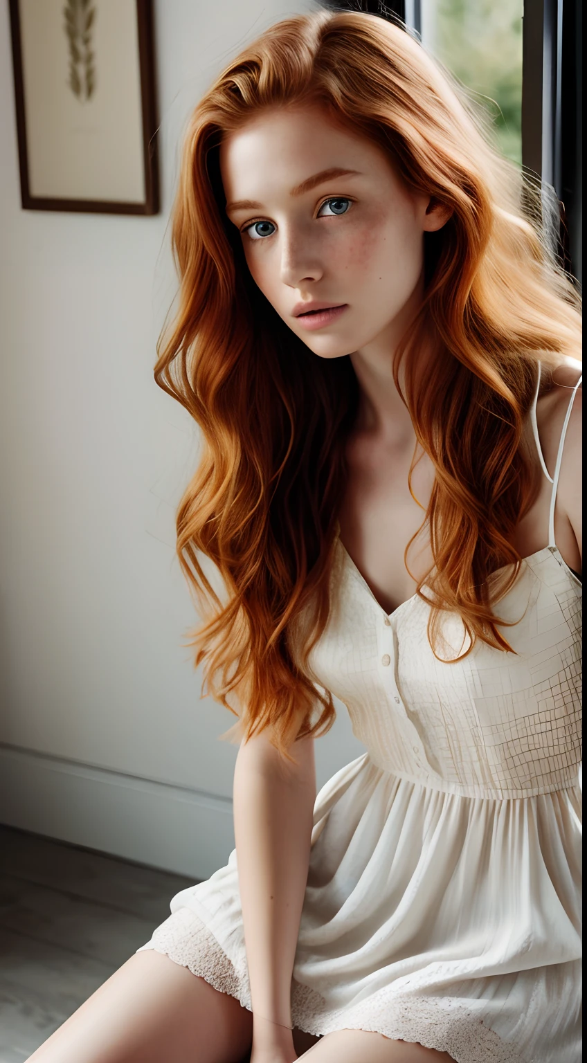 8K, Best quality, masterpiece, ultra high resolution, (realism: 1.4), original photo, (realistic skin texture: 1.3), (Granularity: 1.3), 1 Girl, young, slim, ((long very curly red hair)), sitting and playing the piano