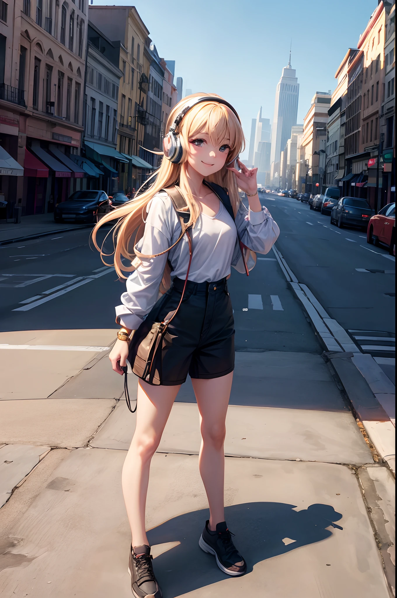 of the highest quality, High resolution, Perfect human anatomy, Medium chest, Happy smile, In town, Detailed background, headphones, meeting, Full Body Angle, Look at the clock, City Background, Bob Hair