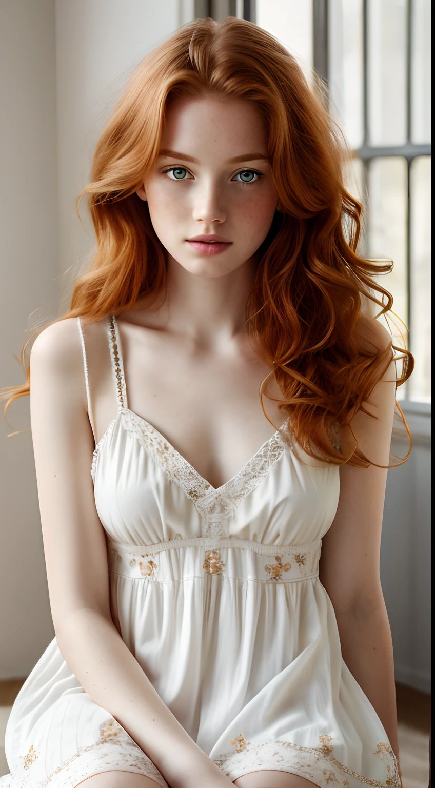 1girl in, 19, Solo, Aesthetic artwork, irish redhead, wavy ginger hair, shoulder length ginger hair, gray eyes, light grey eyes, some small freckles, pale skin, A-cup, small breasts, runners body, (textured skin, skin pores:1.1), (moles:0.8), imperfect skin, goosebumps, sitting down having coffee, drinking coffee, (extremely detailed 8k wallpaper), soft lighting, high quality, film grain, Fujifilm XT3 sharp focus, f 5.6, 50mm, High Detail, Sharp focus,(natural light), in a white colored dress. A white sundress, floral pattern sundress, crazy details, complex details, hyperdetailed