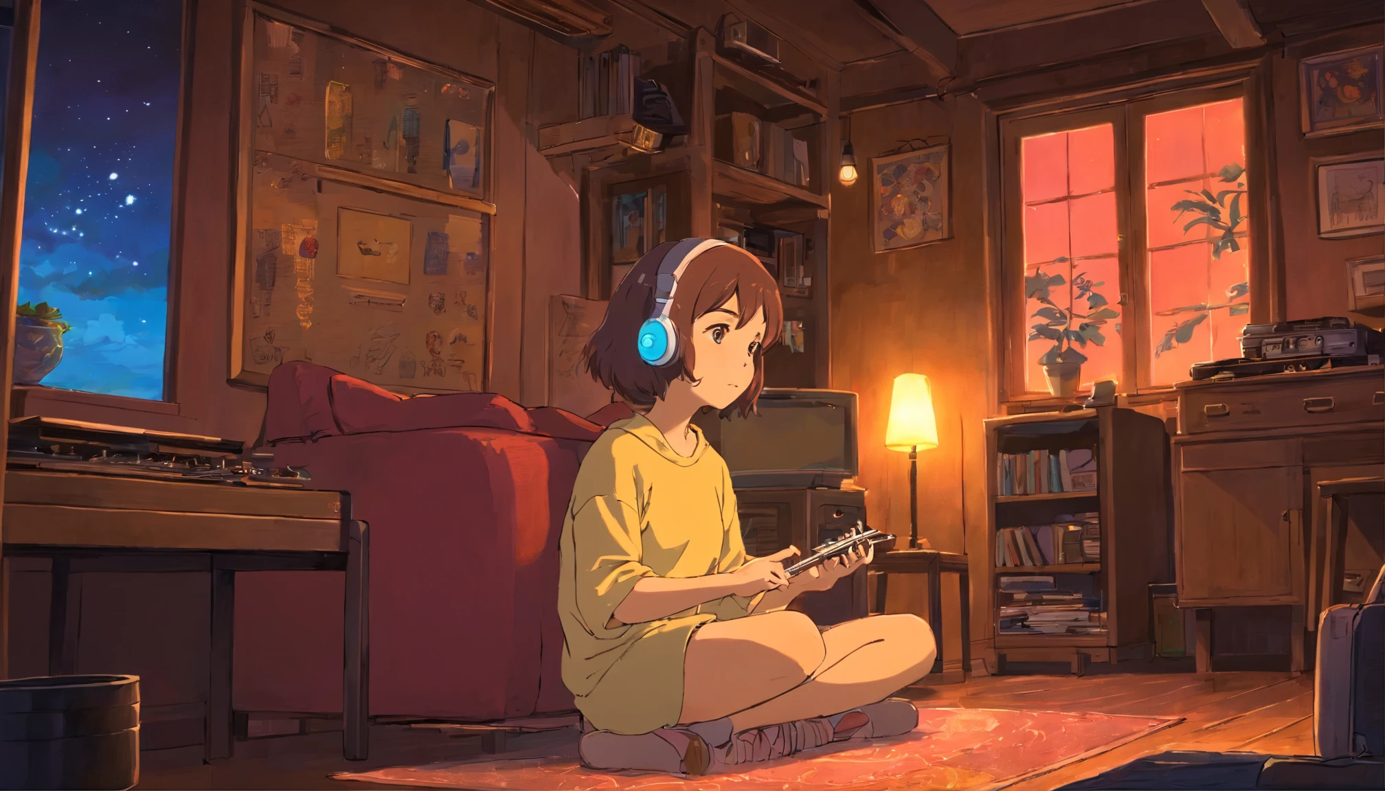 Girl listening to music in a cozy room at night, Usando fones de ouvido, Anime estilo 2D, Lo-fi, disco Rigido, Ambiente escuro