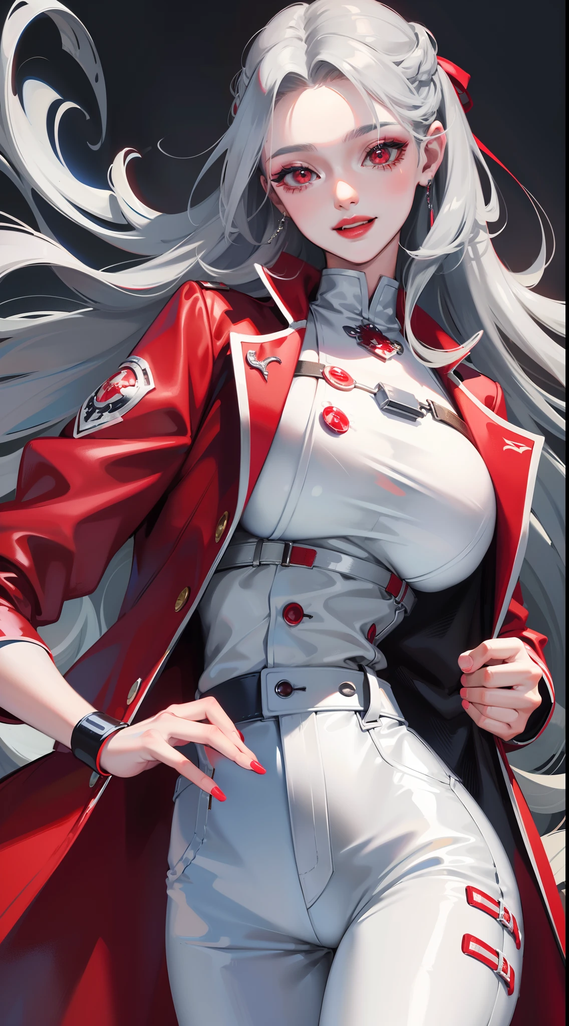 Adult woman, long gray hair, red eyes, red eyeshadow, blue lipstick, blue jacket, white pants , large breasts, Smile, Masterpiece, hiquality, 4k, HD, Good detail