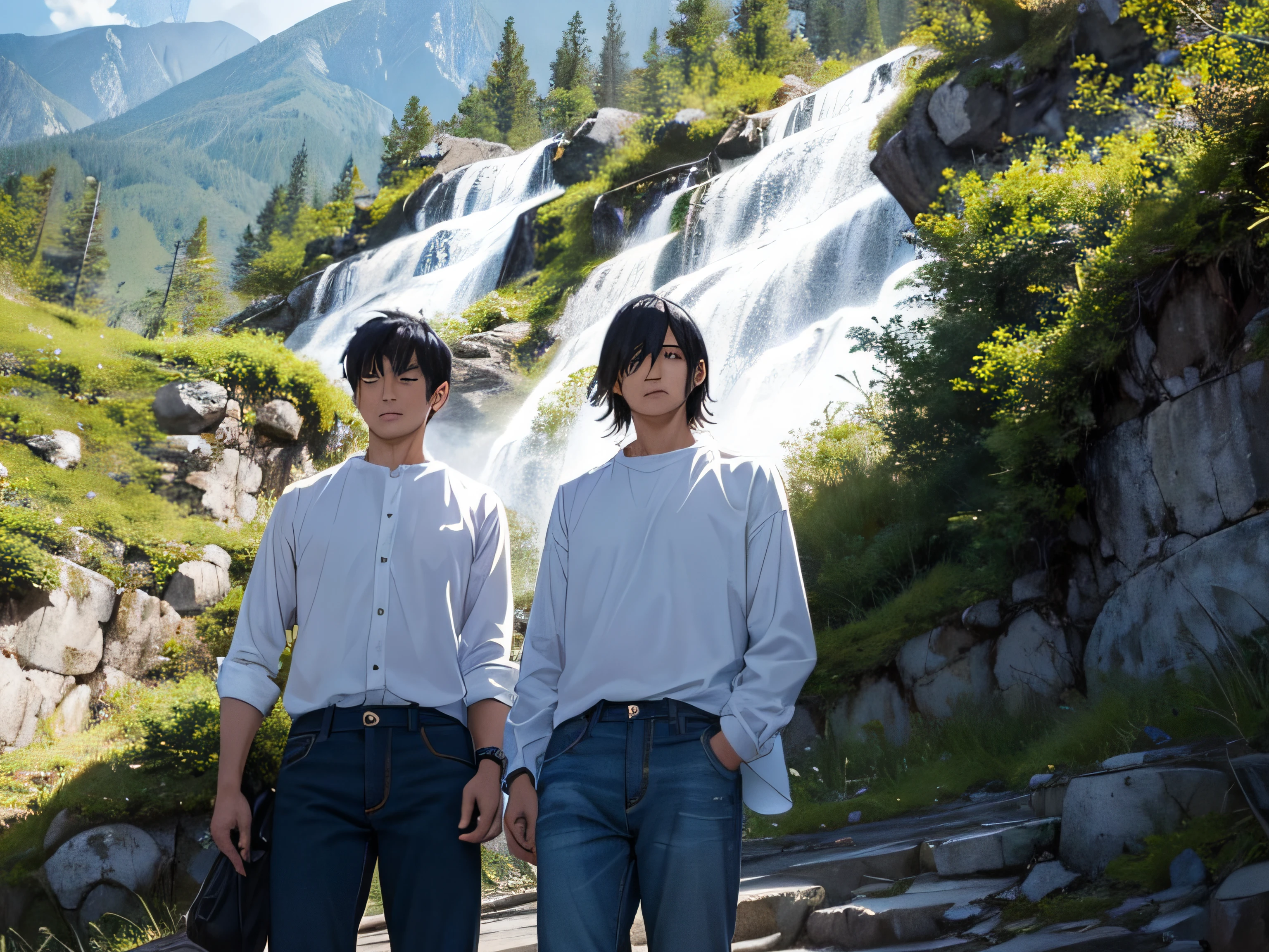 25~A pair of men wearing white shirts and jeans about 30 years old、Standing in the mountains、badness