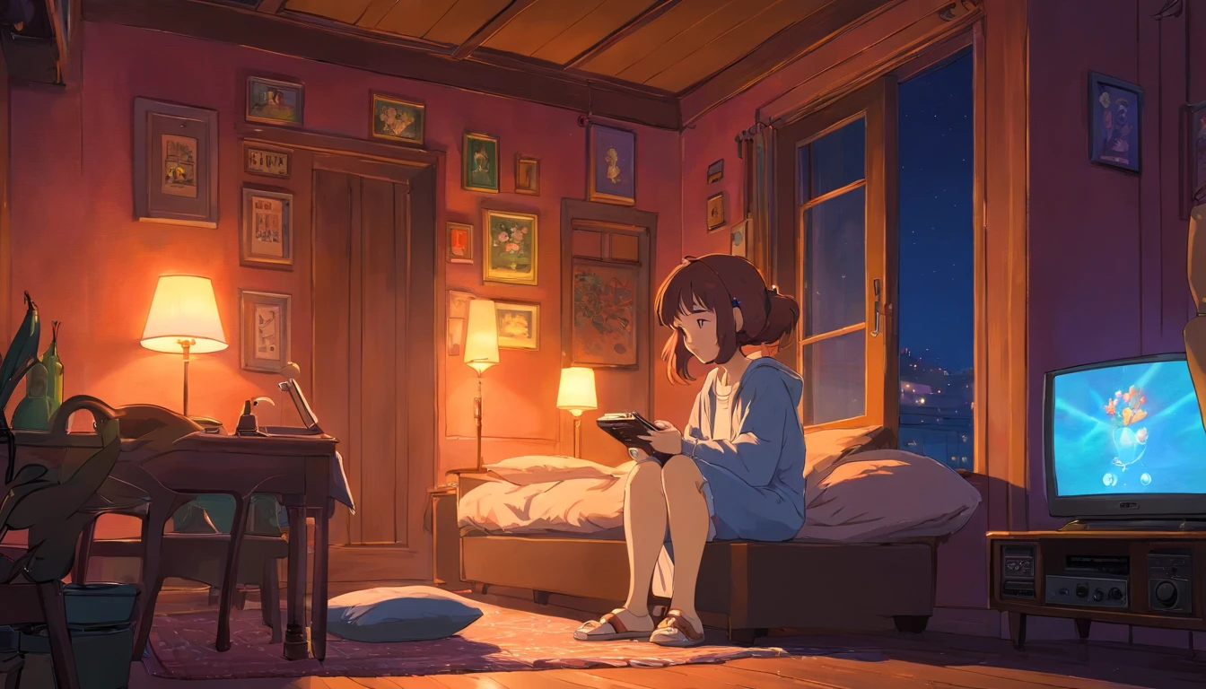 Girl listening to music in a cozy room at night, Usando fones de ouvido, Anime estilo 2D, Lo-fi, disco Rigido, Ambiente escuro