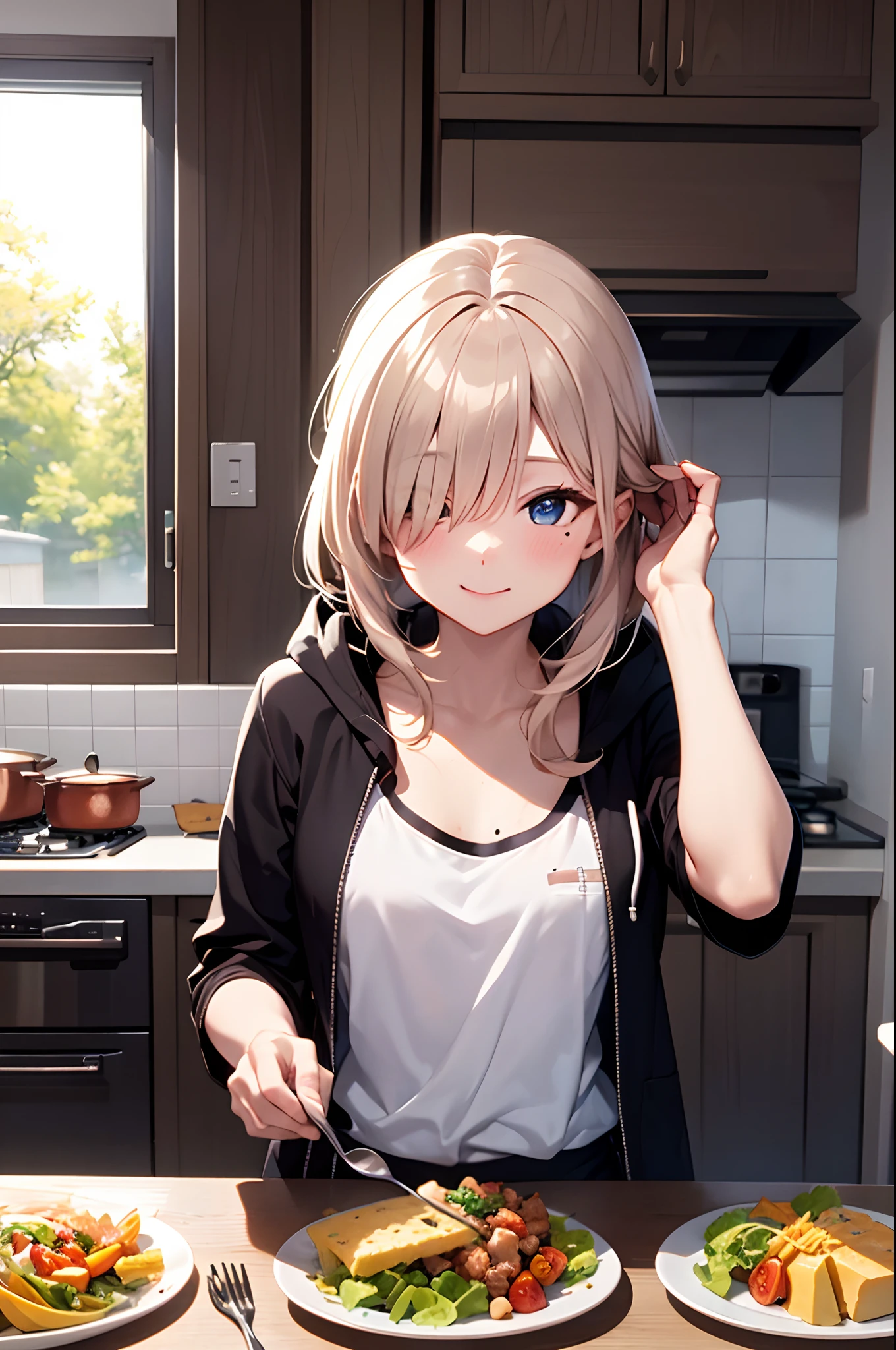 （Girl with a nasty appearance:1.3）、(Daytime:1.5)、(and chest:1.4)、Raw photography, top-quality, hight resolution, (​masterpiece), (Photorealsitic:1.4), (Mole under the eyes),Anime Cosplay, foco nítido, nffsw, 8K分辨率, intricate detailes, depth of fields, the Extremely Detailed CG Unity 8K Wallpapers, front lit, femele,25-years old、 Happy face,Smiling、Bangs covering one eye、(tying  hair:1.5)、(Medium Showtrain Bo Hair)、(Big hoodie)、blue eyess,(Dining kitchen:1.5)、(Cooking:1.3)、(Full body depiction)、Fiddling with your phone:1.2)、The world shining through the window、wining、Italian cuisine、cheese、Prosciutto、salad