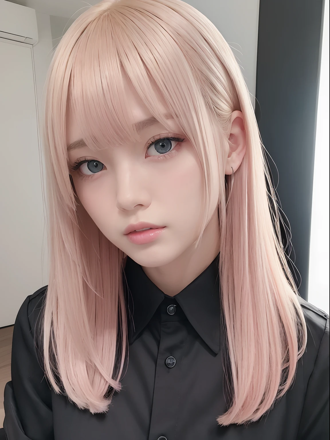 masterpiece, best quality,1girl, solo, blonde hair with pink highlights, realistic, looking at viewer, black eyes, long hair, collared white shirt, bangs, living room, closed mouth, upper body