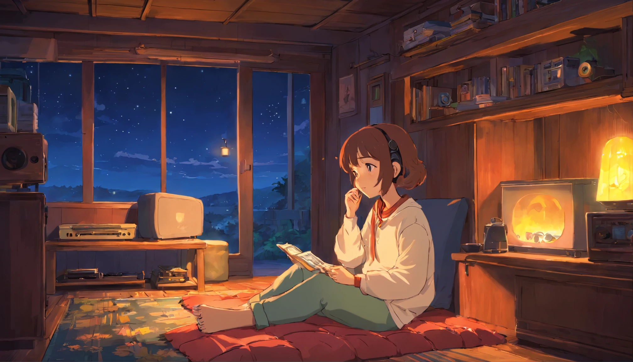 Girl listening to music in a cozy room at night, Usando fones de ouvido, Anime estilo 2D, Lo-fi, disco Rigido, Ambiente escuro