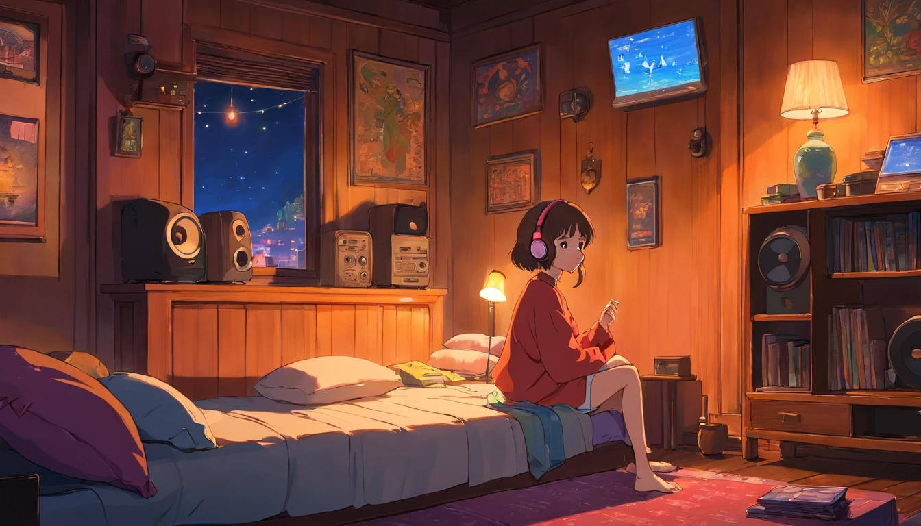 Girl listening to music in a cozy room at night, Usando fones de ouvido, Anime estilo 2D, Lo-fi, disco Rigido, Ambiente escuro