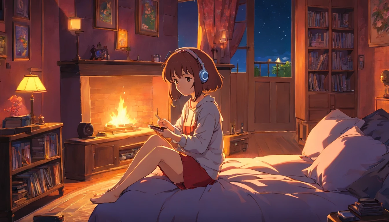 Girl listening to music in a cozy room at night, Usando fones de ouvido, Anime estilo 2D, Lo-fi, disco Rigido, Ambiente escuro