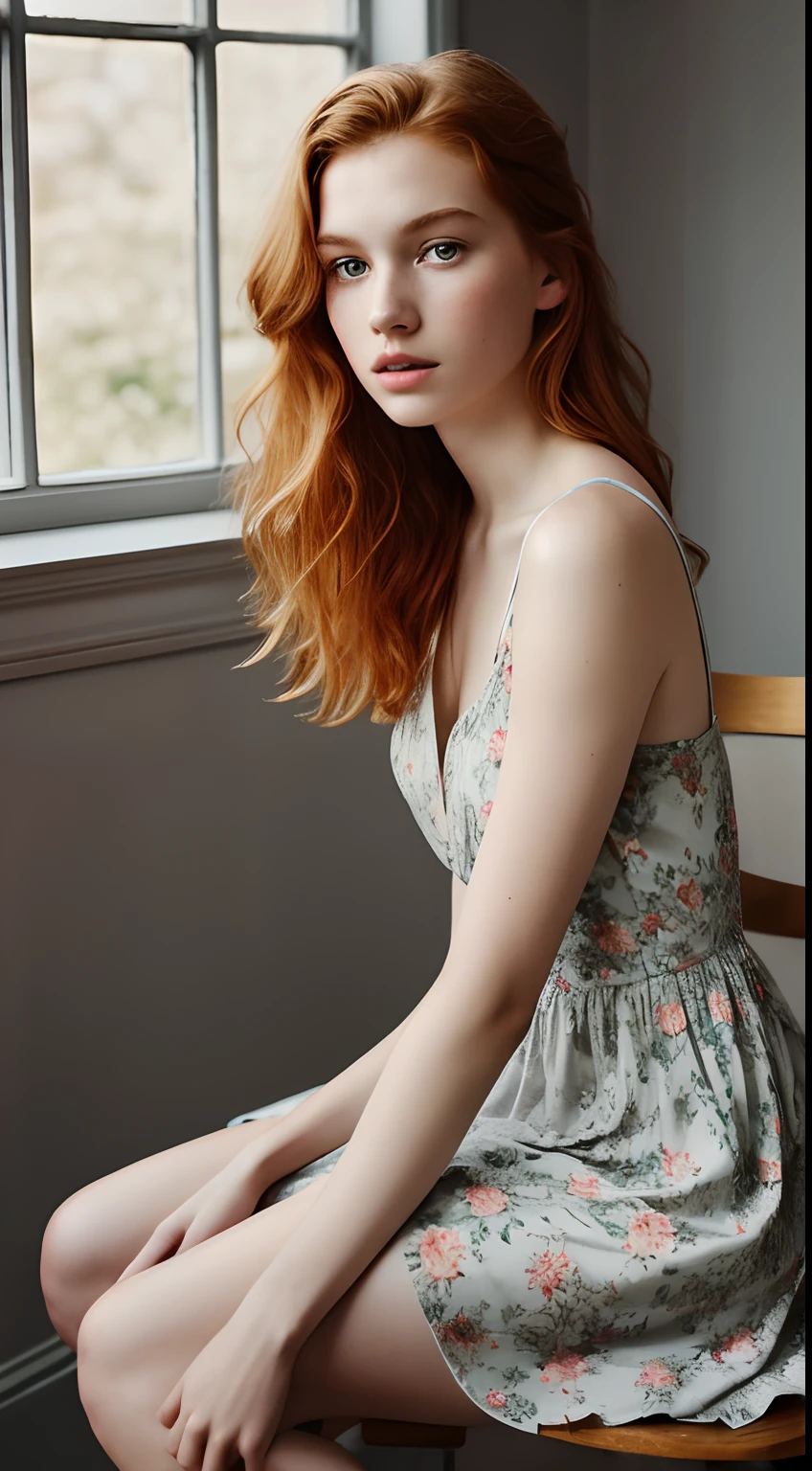 1girl in, 19, Solo, Aesthetic artwork, irish redhead, wavy ginger hair, shoulder length ginger hair, gray eyes, light grey eyes, some small freckles, pale skin, A-cup, small breasts, runners body, (textured skin, skin pores:1.1), (moles:0.8), imperfect skin, goosebumps, sitting down having coffee, drinking coffee, (extremely detailed 8k wallpaper), soft lighting, high quality, film grain, Fujifilm XT3 sharp focus, f 5.6, 50mm, High Detail, Sharp focus,(natural light), in a gray colored dress. A gyay sundress, floral pattern sundress, crazy details, complex details, hyperdetailed