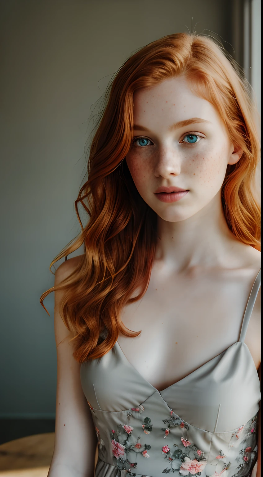 1girl in, 19, Solo, Aesthetic artwork, irish redhead, wavy ginger hair, shoulder length ginger hair, gray eyes, light grey eyes, some small freckles, pale skin, A-cup, small breasts, runners body, (textured skin, skin pores:1.1), (moles:0.8), imperfect skin, goosebumps, sitting down having coffee, drinking coffee, (extremely detailed 8k wallpaper), soft lighting, high quality, film grain, Fujifilm XT3 sharp focus, f 5.6, 50mm, High Detail, Sharp focus,(natural light), in a gray colored dress. A gyay sundress, floral pattern sundress, crazy details, complex details, hyperdetailed