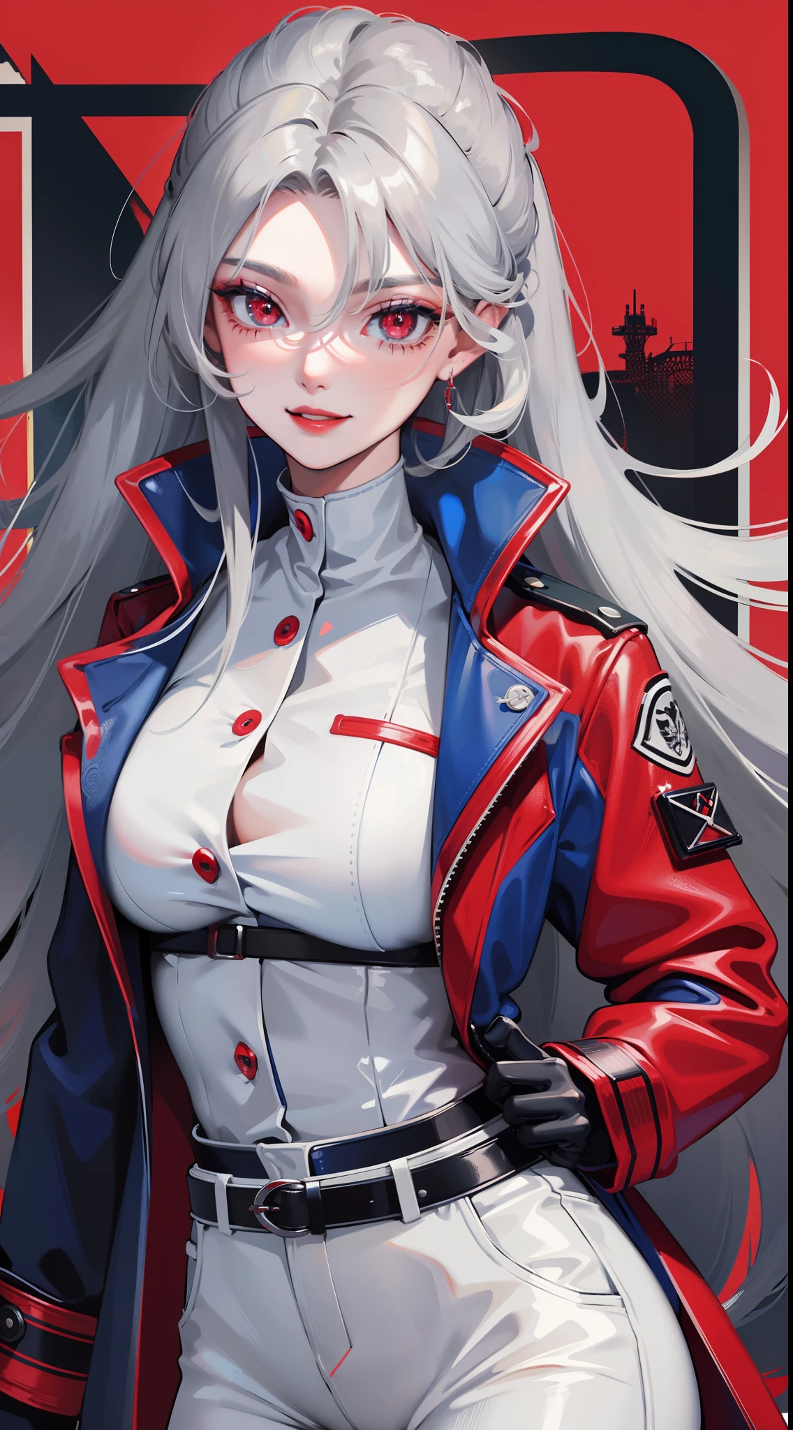 Adult woman, long gray hair, red eyes, red eyeshadow, blue lipstick, blue jacket, white pants , large breasts, Smile, Masterpiece, hiquality, 4k, HD, Good detail