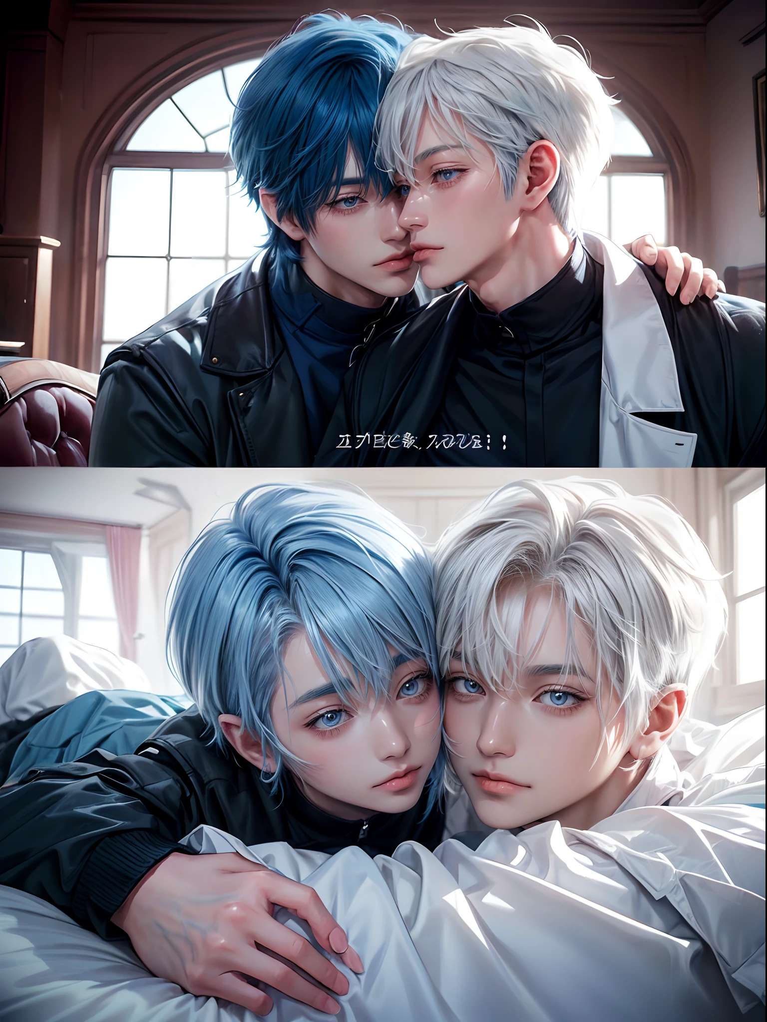 For two、Short-haired man、((Man with white hair and man with blue hair))、((Boys Love))、Male couple、White Y-shirt、Sexy figure with clothes fluttering、Happiness、youthfulness、lovey-dovey、the kiss、Kissing each other、Kiss while hugging、kiss together、R-18、((Yaoi))、Fantastical、American man、Adult male、Cool Men、((Adult male 26 years old))、Inside the villain's castle、Shot close to the face、((Focus zoom in))、((Shot by two))、Two people making love on the bed、tongue kiss