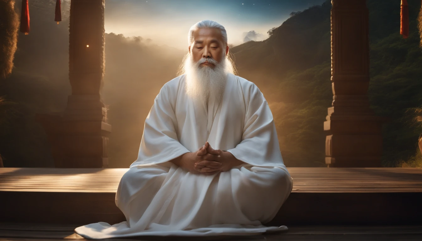 Close-up of 30-year-old Asian middle-aged Taoist priest meditating with his eyes closed,long  white hair，Sit in the center，A meditative，Has a white beard，Meditation cross-legged，Daoism, Wear a white robe，white sash，magic aura，Taoist master,Taoist，The entire galactic starry sky，Magnificent momentum，Rising starlight，at centre，Face the lens，Very bright colors, Light particles, with light glowing, Mshiv, wallpaper art, UHD wallpaper