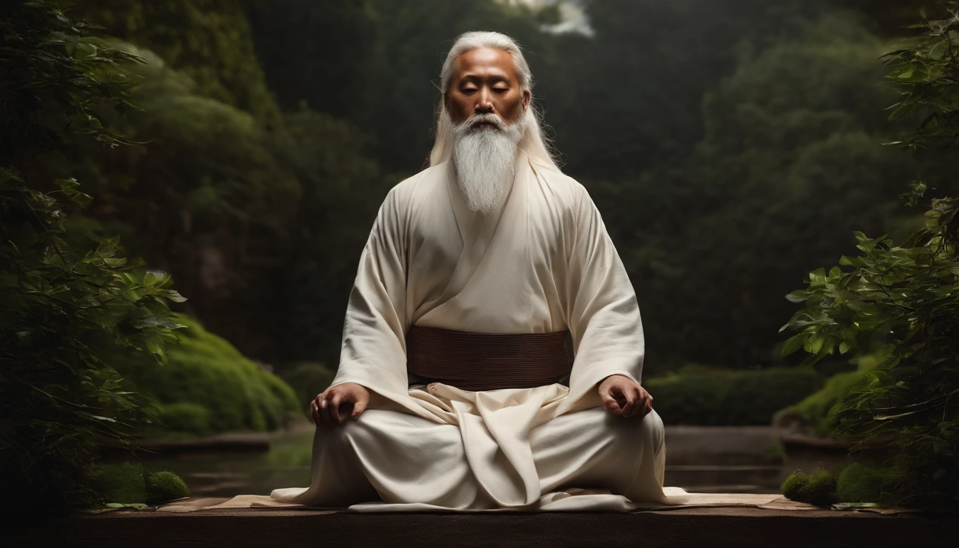 Close-up of 30-year-old Asian middle-aged Taoist priest meditating with his eyes closed,long  white hair，Sit in the center，A meditative，Has a white beard，Meditation cross-legged，Daoism, Wear a white robe，white sash，magic aura，Taoist master,Taoist，The entire galactic starry sky，Magnificent momentum，Rising starlight，at centre，Face the lens，Very bright colors, Light particles, with light glowing, Mshiv, wallpaper art, UHD wallpaper