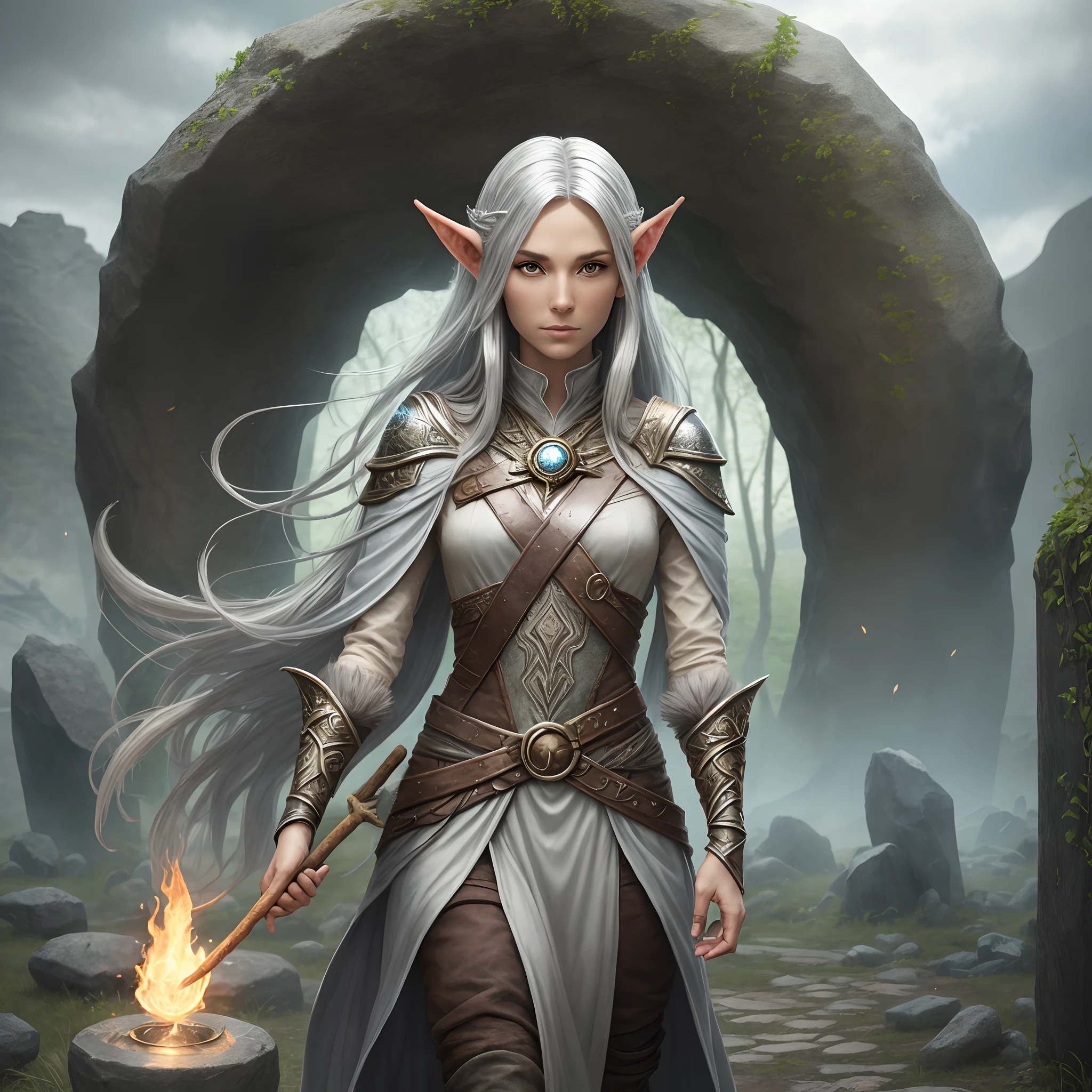 Silver mage of the elven race, casting a nature spell while standing in a stone circle in the wastelands. --auto --s2