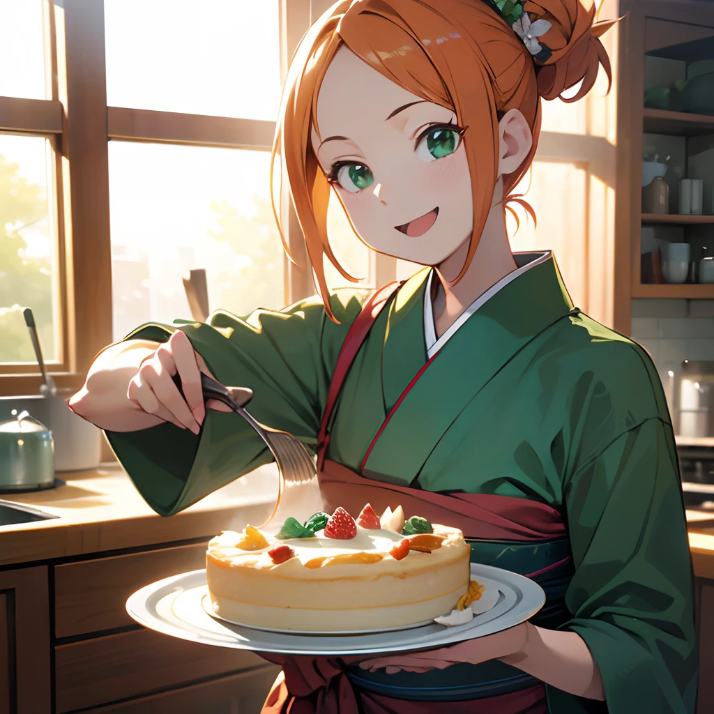 (Best Quality,4K,8K,hight resolution,masutepiece:1.2),Ultra-detailed,(Realistic,Photorealistic,Photorealsitic:1.37),1 cute woman,Cute face,Beautiful big green eyes,Beautiful orange updated hairstyles,Beautiful kimono,Bake a cake,Heat-resistant cooking gloves,Holding a griddle with several freshly baked cakes on it,Beautiful kitchen,Happy laughter,