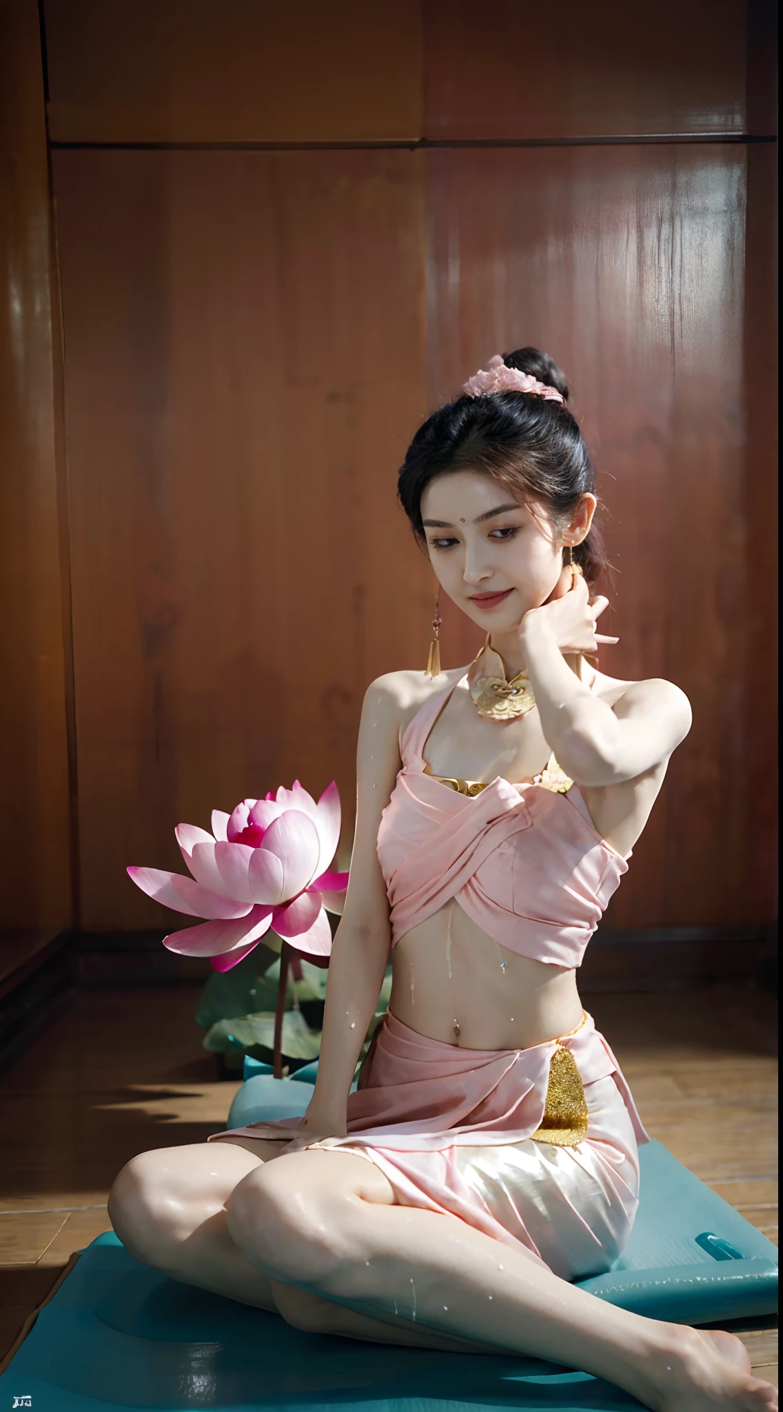 (Small underboob,Tomboyish,small heads)), (perfect bodies: 1.1), (shoulder length straight short black hair: 1.1),极其细致的CG 8k壁纸），（Extremely refined and beautiful），（masterpiece），（best qualtiy：1.0），（超高分辨率：1.0）,upper body，[A high resolution],a beautiful girl,cheerfulness，smile,(Smooth and flawless fair skin:1.5),(shiny skin:1.5),ultra - detailed ，Elongated legs,(Small breasts:1.1),Flat chest,underboob,Slim，emaciated,(dunhuang_clothes:1.5),(dunhuang_background:1.4),Close shot，midday sunlight,(upright yoga lotus Sitting:1.5),(sitting on a A large pink lotus throne:1.5),(close eyes:1.3),(female orgasmic:1.3), (blush:1.3),(put palms together devoutly:1.3),meditating,from front,cowboy shot,(sweat:1.6),(Portrait above chest level:1.3)