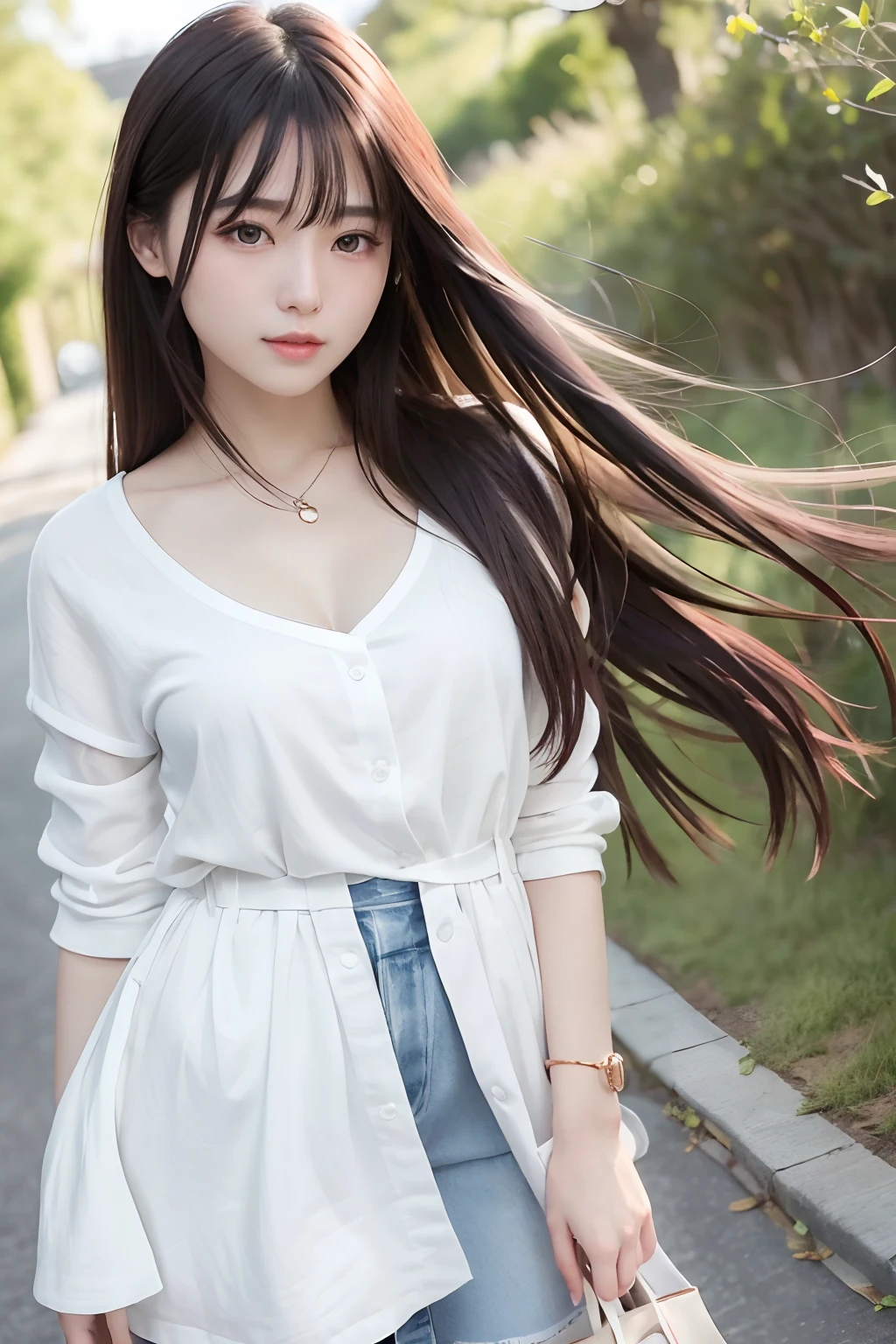 (8K、top-quality、masterpiece:1.2)、(reallistic、Photorealsitic:1.37)、The ultra-detailliert、女の子1人、23years old、Medium chest、Beautie、Beautiful and perfect face、Natural smile、独奏、holiday、shopping、(Redness of the nose)、(A smile:1.15)、(With mouth closed) 、beautidful eyes、(long:1.2)、Floating hair 、Middle hair、