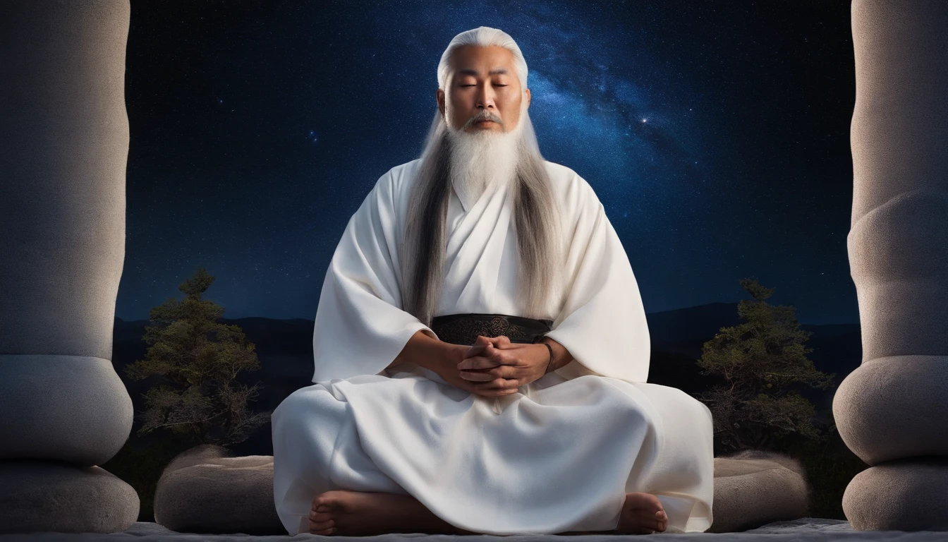 Close-up of a 30-year-old Asian middle-aged Taoist priest meditating with his eyes closed,long white hair,Sit in the center,A meditative,Vast starry sky background,There is a white beard,Meditation cross-legged,Daoism, Wear a white robe,white sash,magic aura,Taoist master,Taoist,The entire galactic starry sky,Magnificent momentum,Rising starlight,at centre,Face the lens,Very bright colors, Light particles, with light glowing, Mshiv, wallpaper art, UHD wallpaper