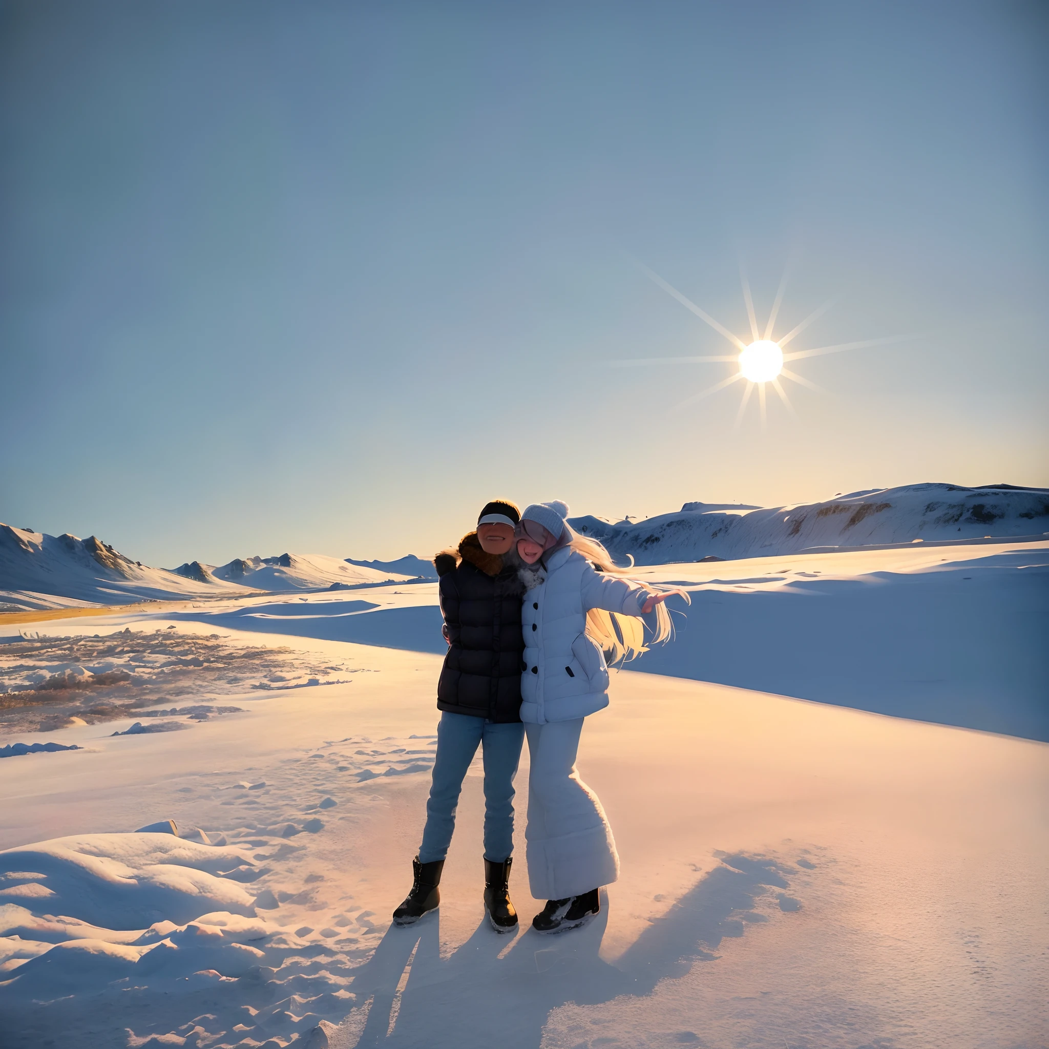 two guys,Two couples standing in the snow hugging, Standing in the snow, sunny winter day, in the snow mountains, cold sunny weather, Cold but beautiful, Solar eclipse in Iceland, sun is in the top, Winter sun, Stand on Harris Island, snowy arctic environment, with the sun shining on it, snow field, Snowy plains