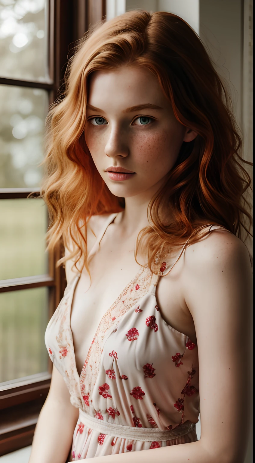 1girl in, age19, Solo, Aesthetic artwork, irish redhead, wavy ginger hair, shoulder length ginger hair, gray eyes, light grey eyes, some small freckles, pale skin, A-cup, small breasts, runners body, (textured skin, skin pores:1.1), (moles:0.8), imperfect skin, goosebumps, sitting down having coffee, drinking coffee, (extremely detailed 8k wallpaper), soft lighting, high quality, film grain, Fujifilm XT3 sharp focus, f 5.6, 50mm, High Detail, Sharp focus,(natural light), in a red colored dress. A red sundress, floral pattern sundress, crazy details, complex details, hyperdetailed