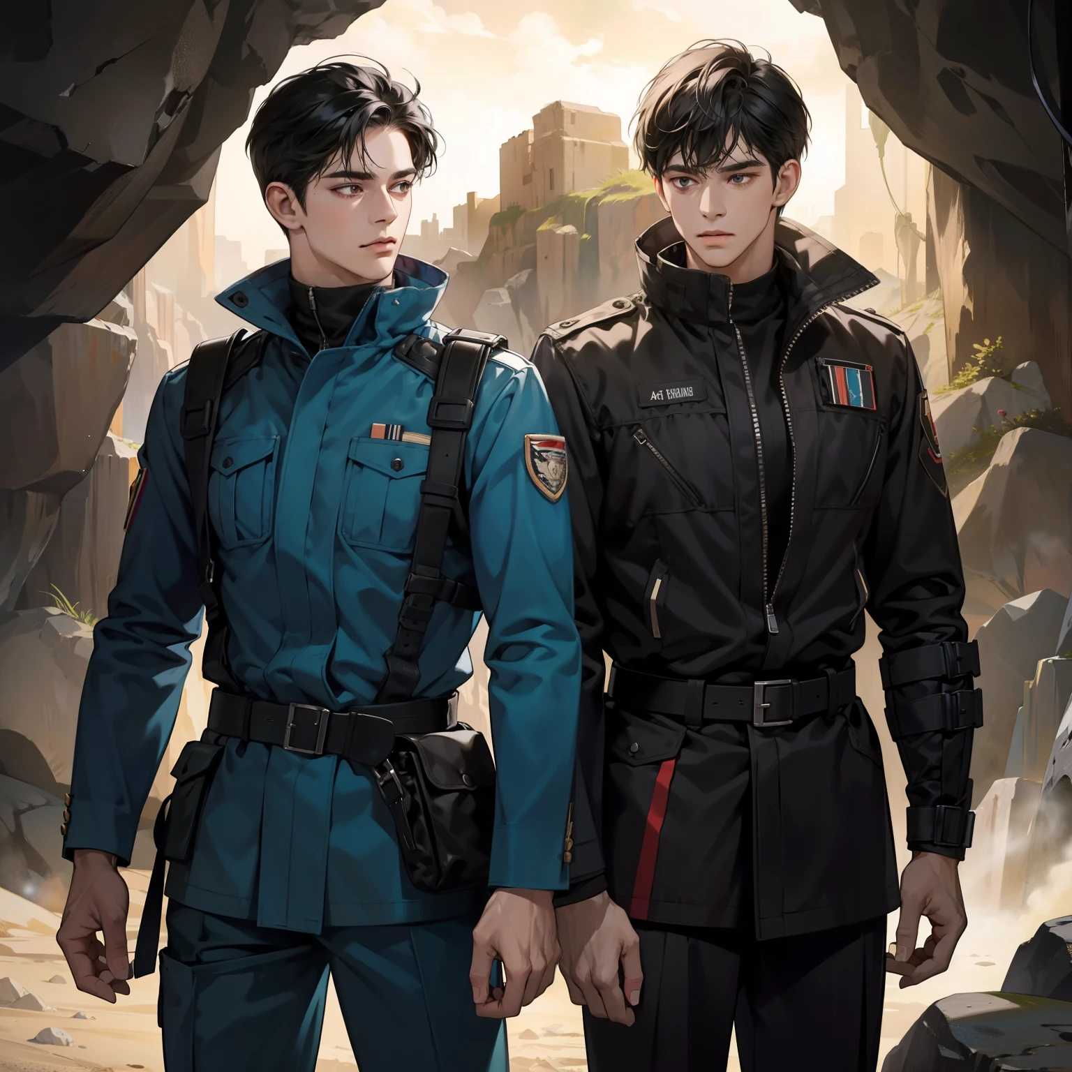 Masterpiece, high quality, best quality, HD, realistic, perfect lighting, 2 man, black hair, expression, military suit, in the cave.