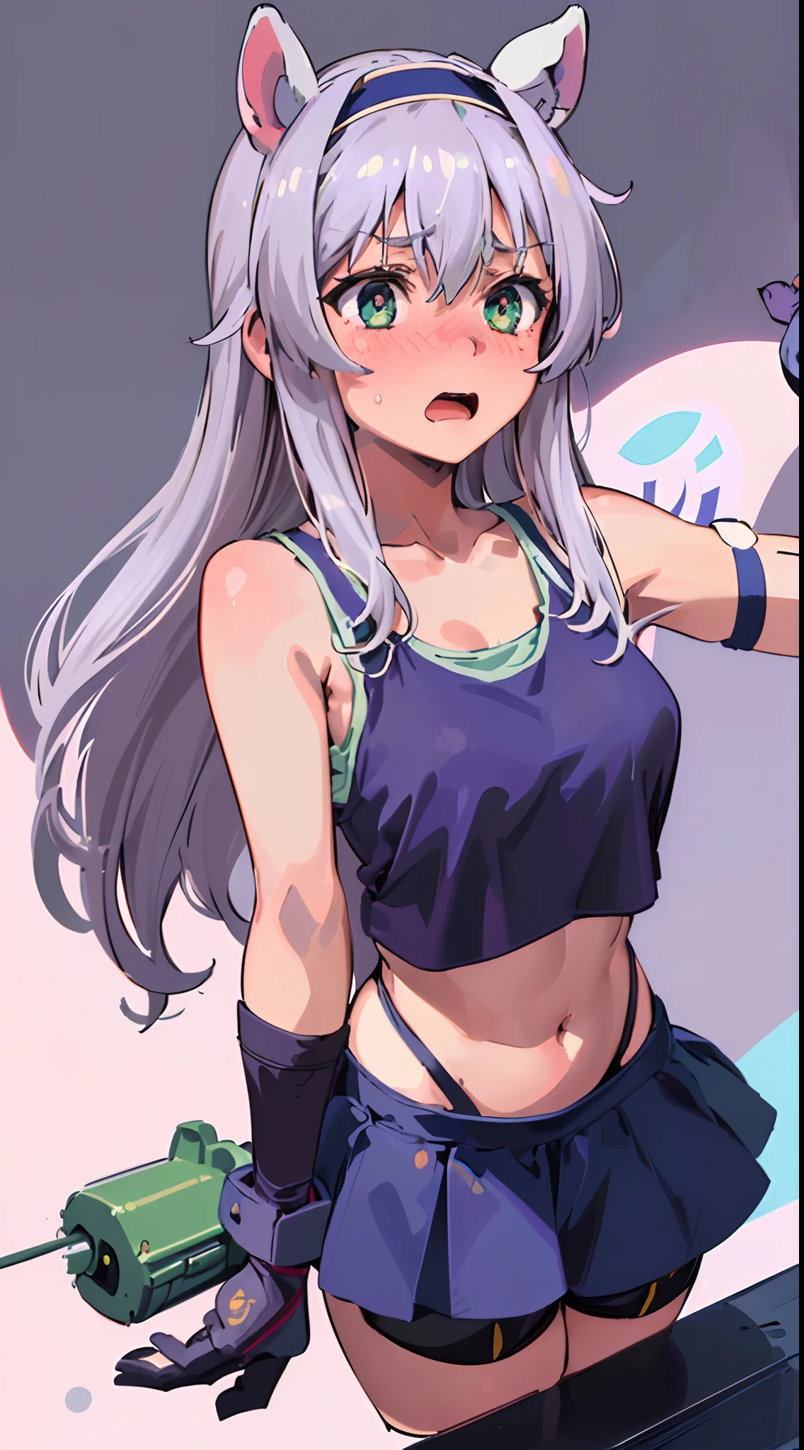 best quality, (masterpiece:1.2), detailed,
Sistine Fibel,
1girl, solo, open mouth, wavy mouth, nose blush, embarrassed, medium breasts,
long hair, grey hair, green eyes, blue hairband, animal ears, navel, gloves, (((cropped tank top, 20 years old))), (ultra-detailed eyes).