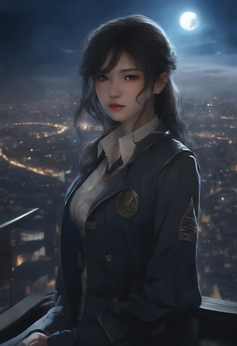 ,( girl:1.5)、Anime-style protagonist、A dark-haired、Composition of an overhead view of the uniform、Lots of clouds,heavy fog、Moon,Chaotic city of the future、dystopian、Dim lighting、Chaotic、Beautiful and fantastic scenery、Cinematic scenery、hightquality、masutepiece,in 8K、hight resolution、Mare