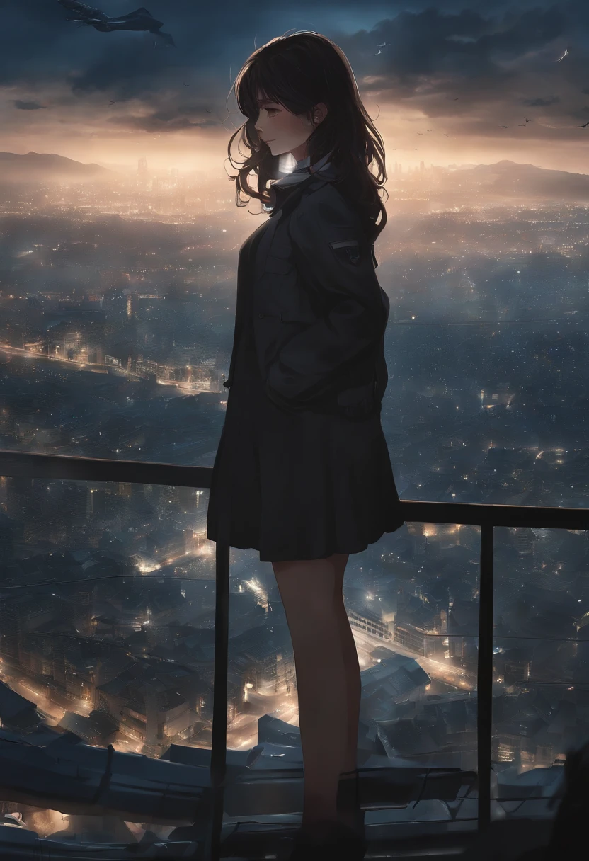 ,(16yo girl:1.5)、Anime-style protagonist、A dark-haired、Composition of an overhead view of the uniform、Lots of clouds,heavy fog、Moon,Chaotic city of the future、dystopian、Dim lighting、Chaotic、Beautiful and fantastic scenery、Cinematic scenery、hightquality、masutepiece,in 8K、hight resolution、Mare