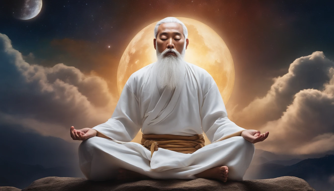 Close-up of 30-year-old Asian middle-aged Taoist priest meditating with his eyes closed,long  white hair，Sit in the center，A meditative，Vast starry sky background，Has a white beard，Meditation cross-legged，Daoism, Wear a white robe，white sash，magic aura，Taoist master,Taoist，The entire galactic starry sky，Magnificent momentum，Rising starlight，at centre，Face the lens，Very bright colors, Light particles, with light glowing, Mshiv, wallpaper art, UHD wallpaper