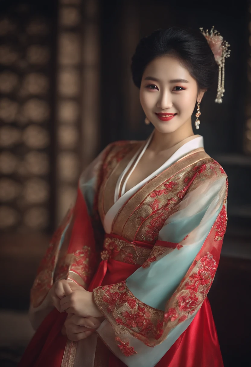 A south Korean adult Princess, wearing South Korean traditional outfit, big breast, smiling, looking superior hot, high quality, masterpiece, 8k ultra HD.