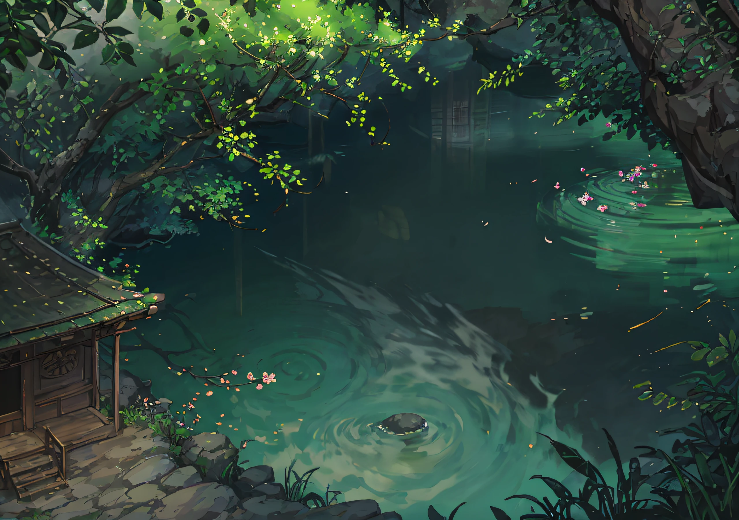 Chinese ancient times, spring, jungle, lake, cave, waterfall, tree, meadow, rock, deer, hot spring, water vapor, (illustration: 1.0), epic composition, realistic lighting, HD details, masterpiece, best quality, (very detailed CG unified 8k wallpaper)