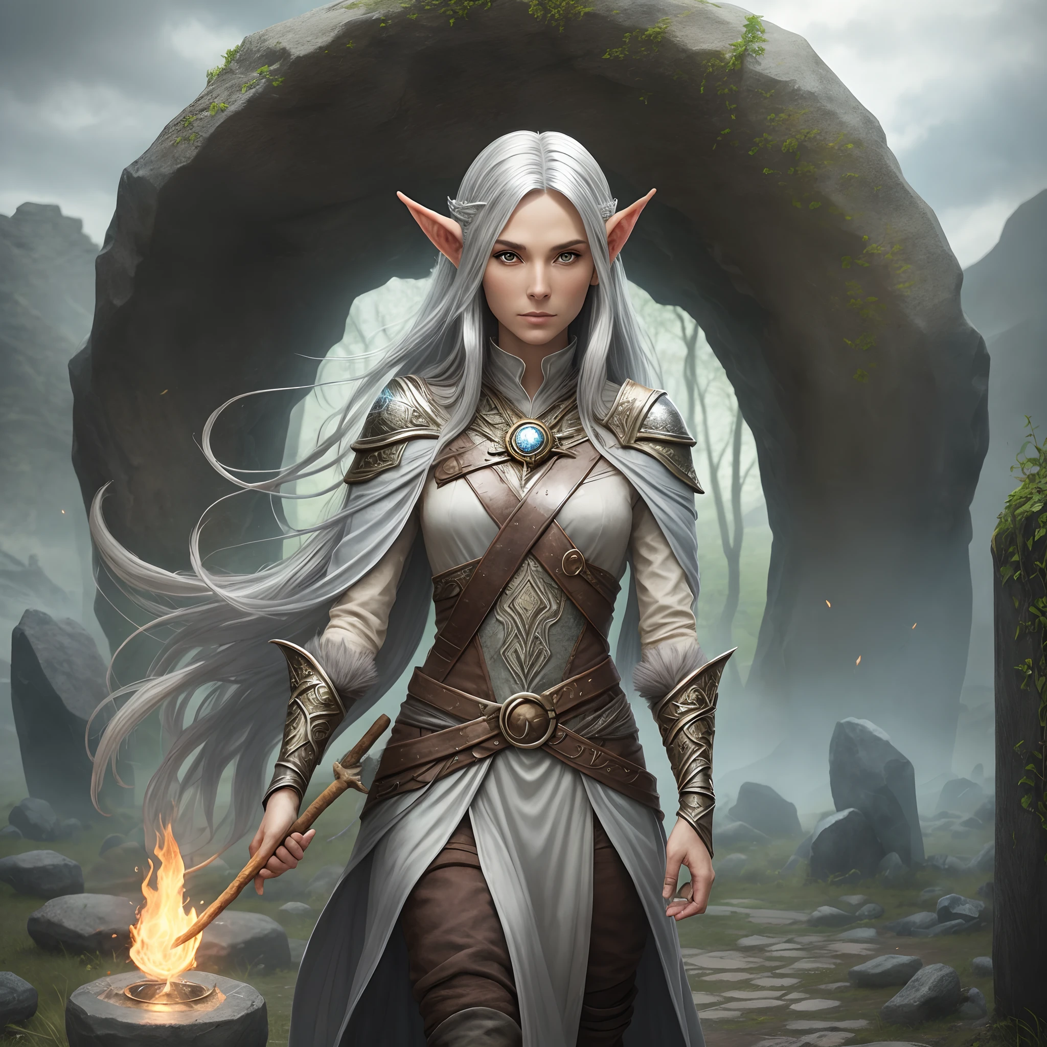 Silver mage of the elven race, casting a nature spell while standing in a stone circle in the wastelands. --auto --s2