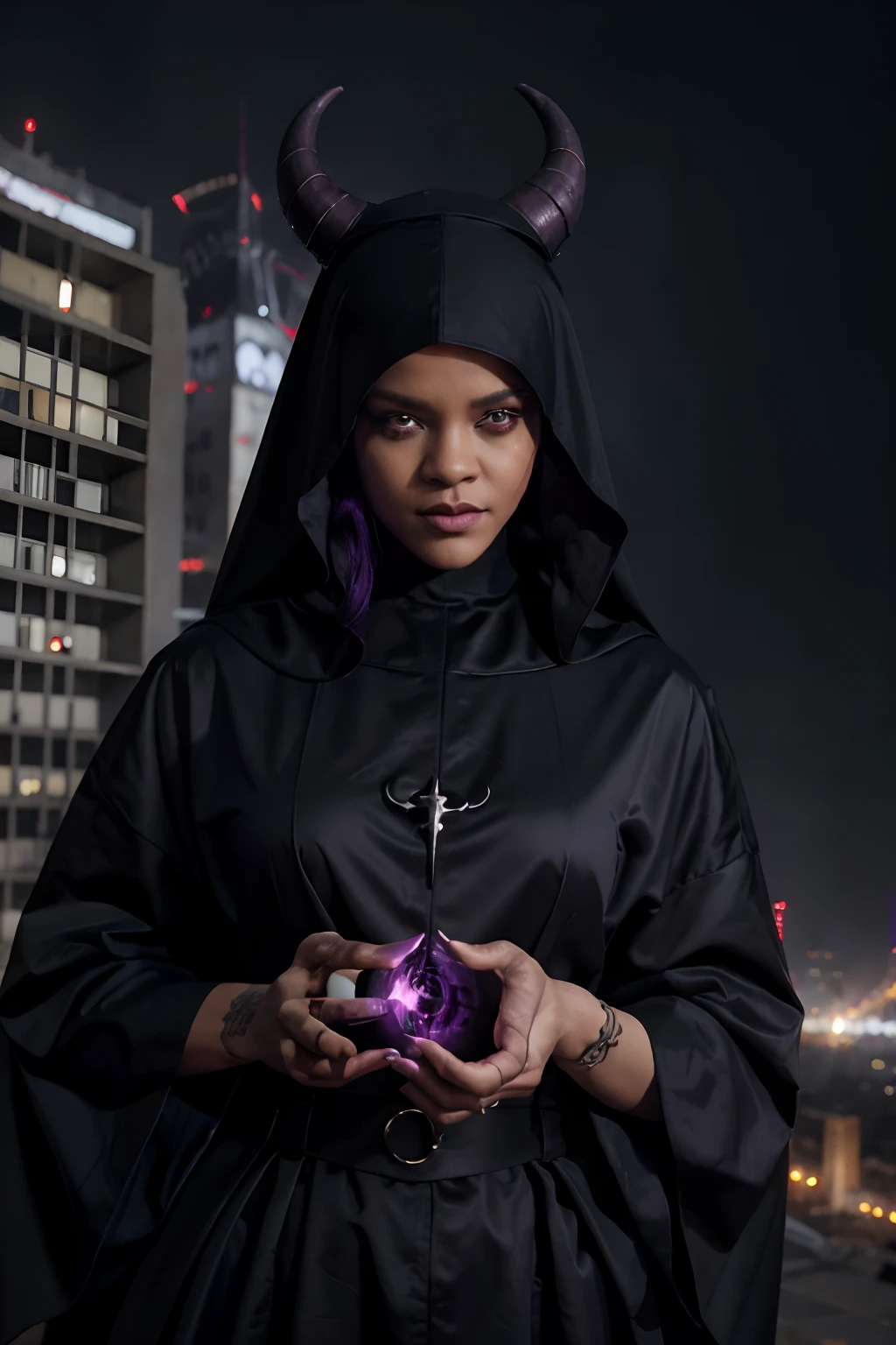 Rihanna : The evil nun, Demon horn, Demon wings on the head , sexy robe de nonne, Powerful bolts of destructive purple energy shoot out of his hands, diabolique, insidieux, His powerful magic hits the buildings of a city , Context of the Satanic Church, detailled eyes, detailed hands